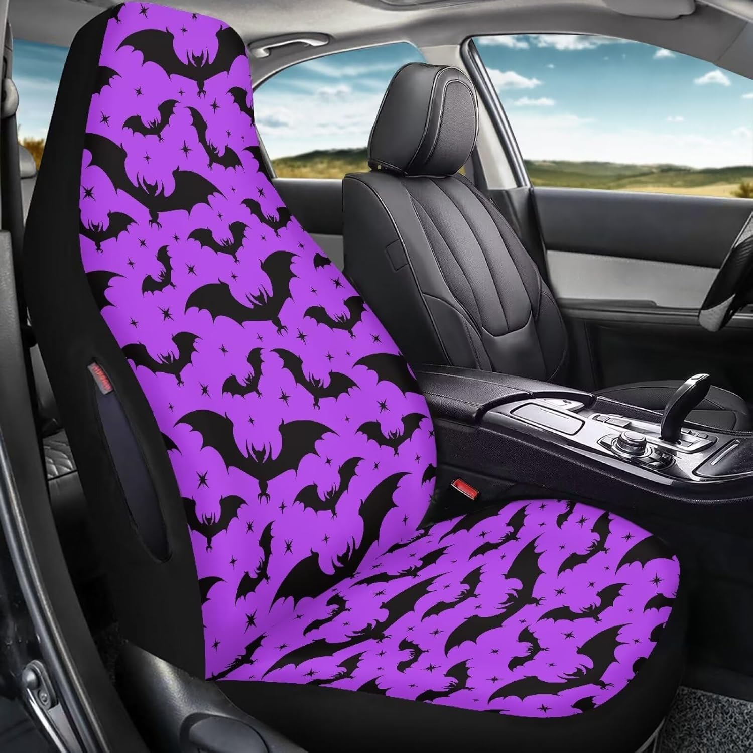 Bulopur Halloween Car Seat Covers Bats Purple Automotive Front Seat Covers 2 Pack Waterproof Vehicle Seats Protector Universal Fit for Most Cars SUV Truck, Airbag Compatible