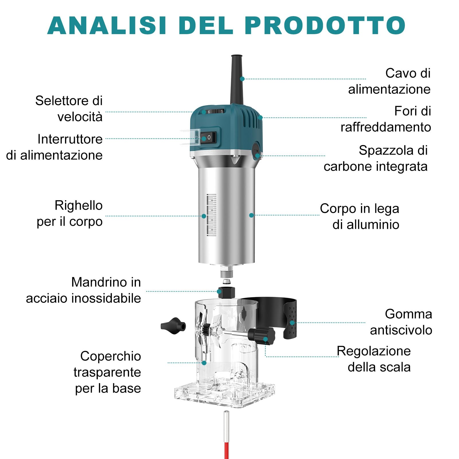 Rifilatore Fresatrice Verticale 800W, Router di legno elettrico, 30000rpm Legno Rifilatrice Elettrica a 6 velocità Variabili con 15 frese per intaglio per Smussare, Scanalare, Rifilare, Punzonare