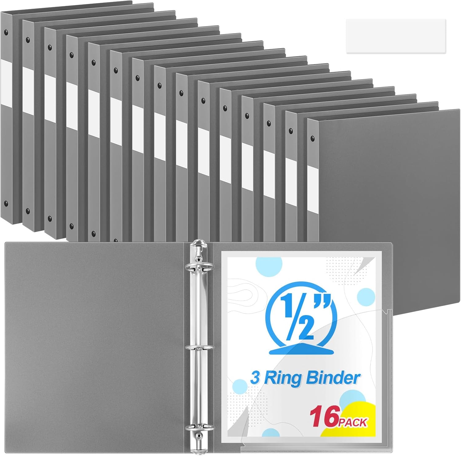 Henoyso 16 Pack 0.5 Inch Plastic 3 Ring Binder Round Ring, Bulk 1/2 Inch Flexible Binders Hold 140 Sheets Letter Size with Pocket, Document Organizer for Back to School Classroom Office (Gray)