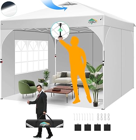 COBIZI 10x10 Pop Up Canopy Tent, Outdoor Party Tent with 3 Sidewalls, 1 Person Easy Set up, Tents for Parties with Fluorescent Strip & 4 Sandbags, Waterproof UPF50+, 3 Adjustable Height, White