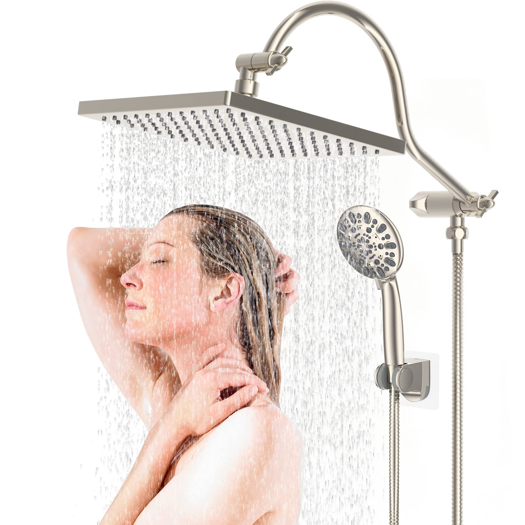 Hibbent10" Thickness Metal Rainfall Shower Head/Handheld Showerhead Combo with 12'' Adjustable Curved Shower Extension Arm, 7-Spray, 71'' Hose, Adhesive Showerhead Holder, Brushed Nickel
