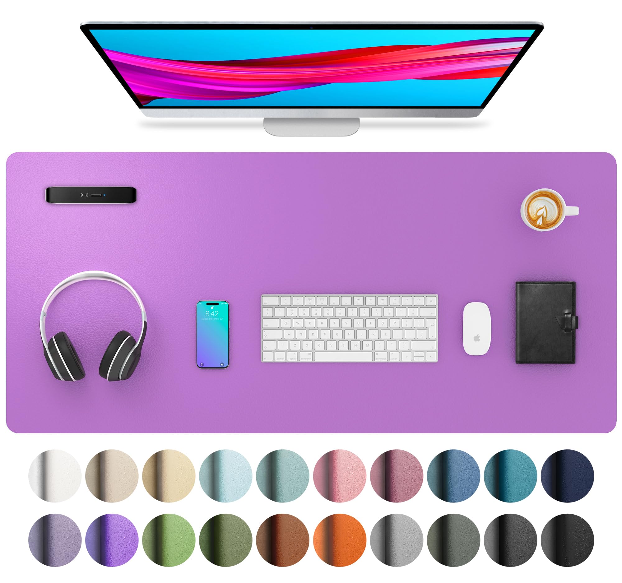 Aothia Leather Desk Pad Protector, Mouse Pad, Office Desk Mat, Non-Slip PU Leather Desk Blotter, Laptop Desk Pad, Waterproof Desk Writing Pad for Office and Home (36" x 17", Iris Violet)