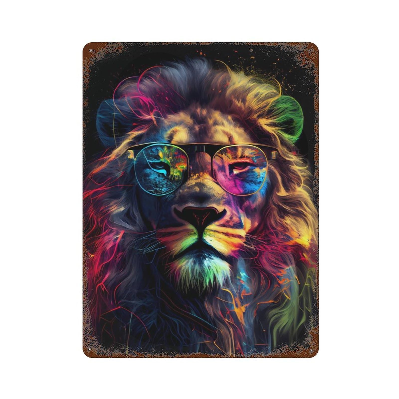 Garage Style Lion Sunglasses Rust Effect Tin Sign 15.7"x11.8", Industrial Home Decor for Bar And Workshop