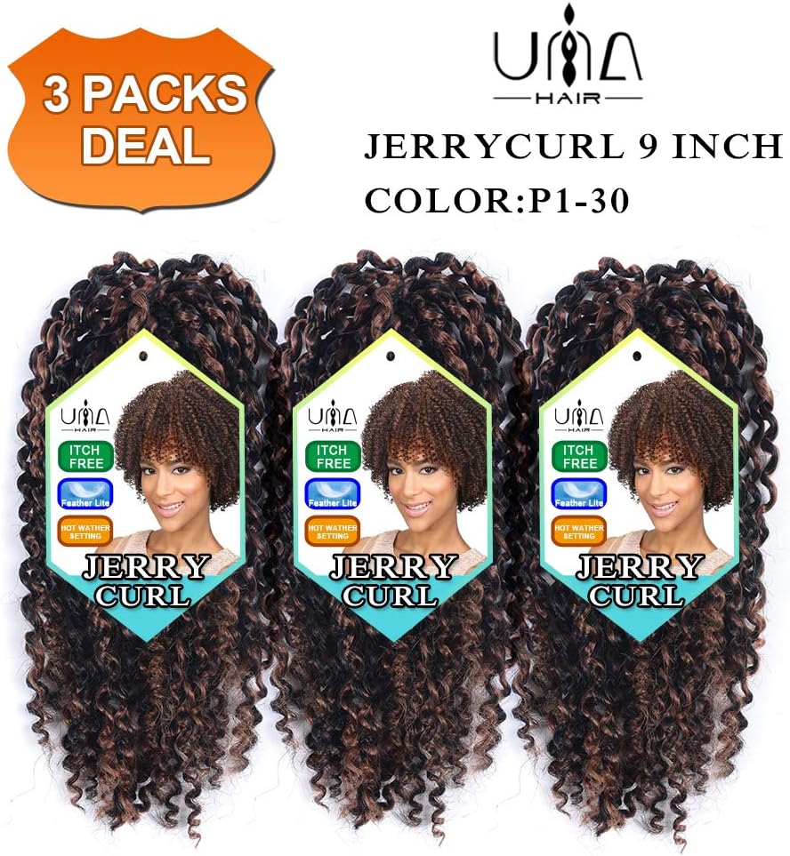 UNA 9inch Jerry Curl Crochet Hair Ombre Marlybob Crochet Braids Short Afro Kinky Curly Braiding Hair (3Pcs, P1-30)