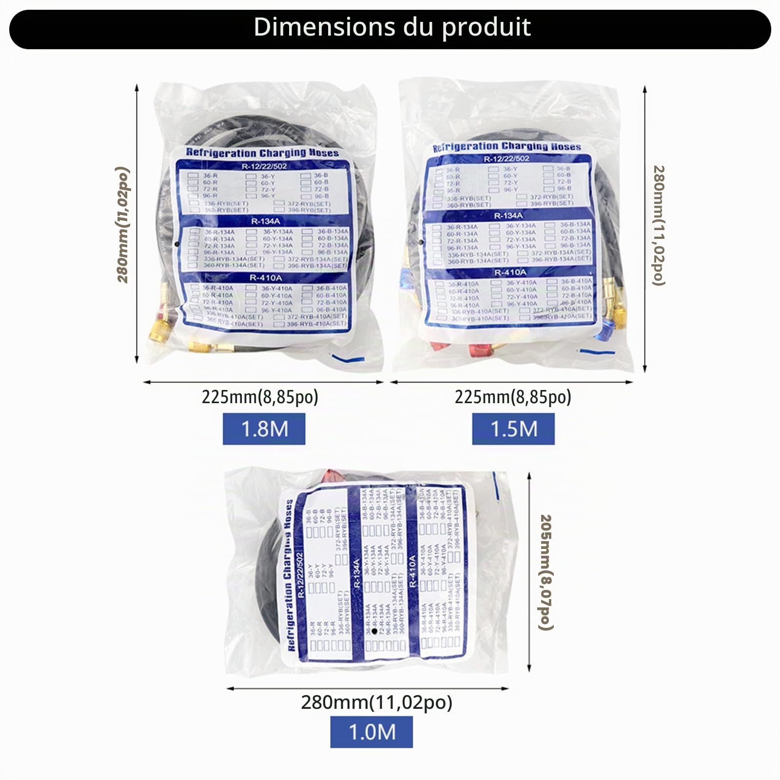 Tuyau de collecteur CVC avec valves et 4 adaptateurs en laiton pour systèmes R134A R410A R22