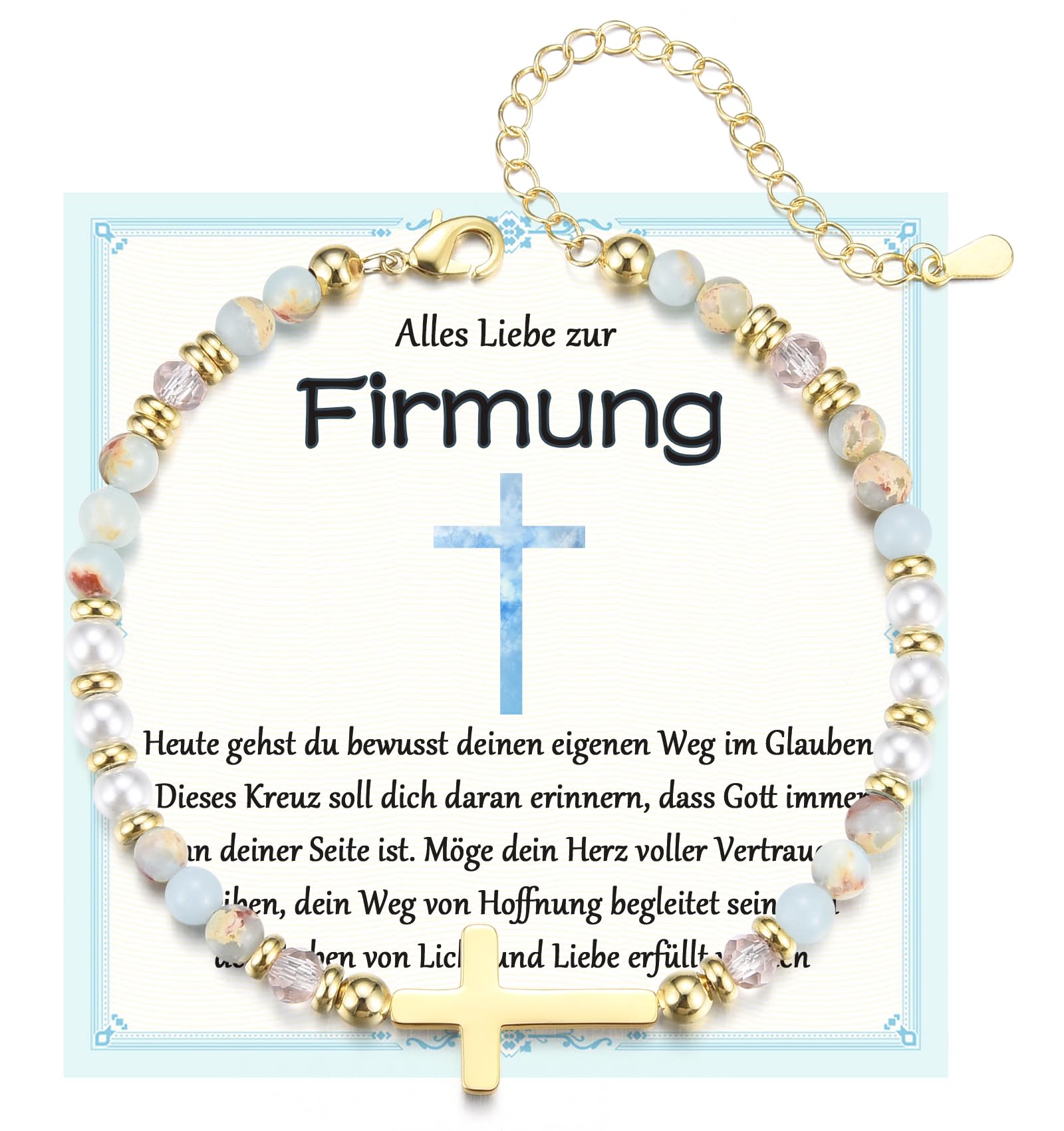 Kommunion Konfirmation Firmung Geschenke für Mädchen, Perlen Armband mit Golden Kreuz für Tochter Enkelin Schwester Nichte Patentochter zur Erstkommunion Konfirmation von Mama Papa Taufpaten