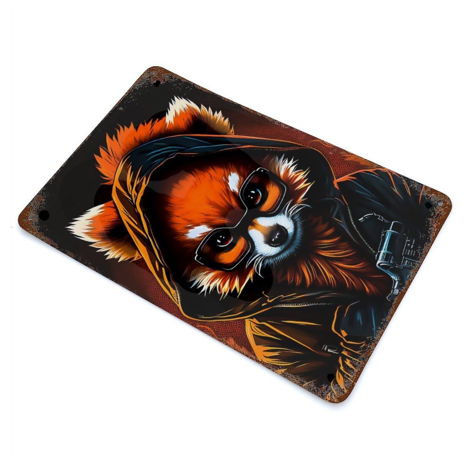 Red Panda Aged Metal Wall Plaque 11.8"x7.9", Industrial Home Decor for Pub, Kitchen And Man Cave Decor