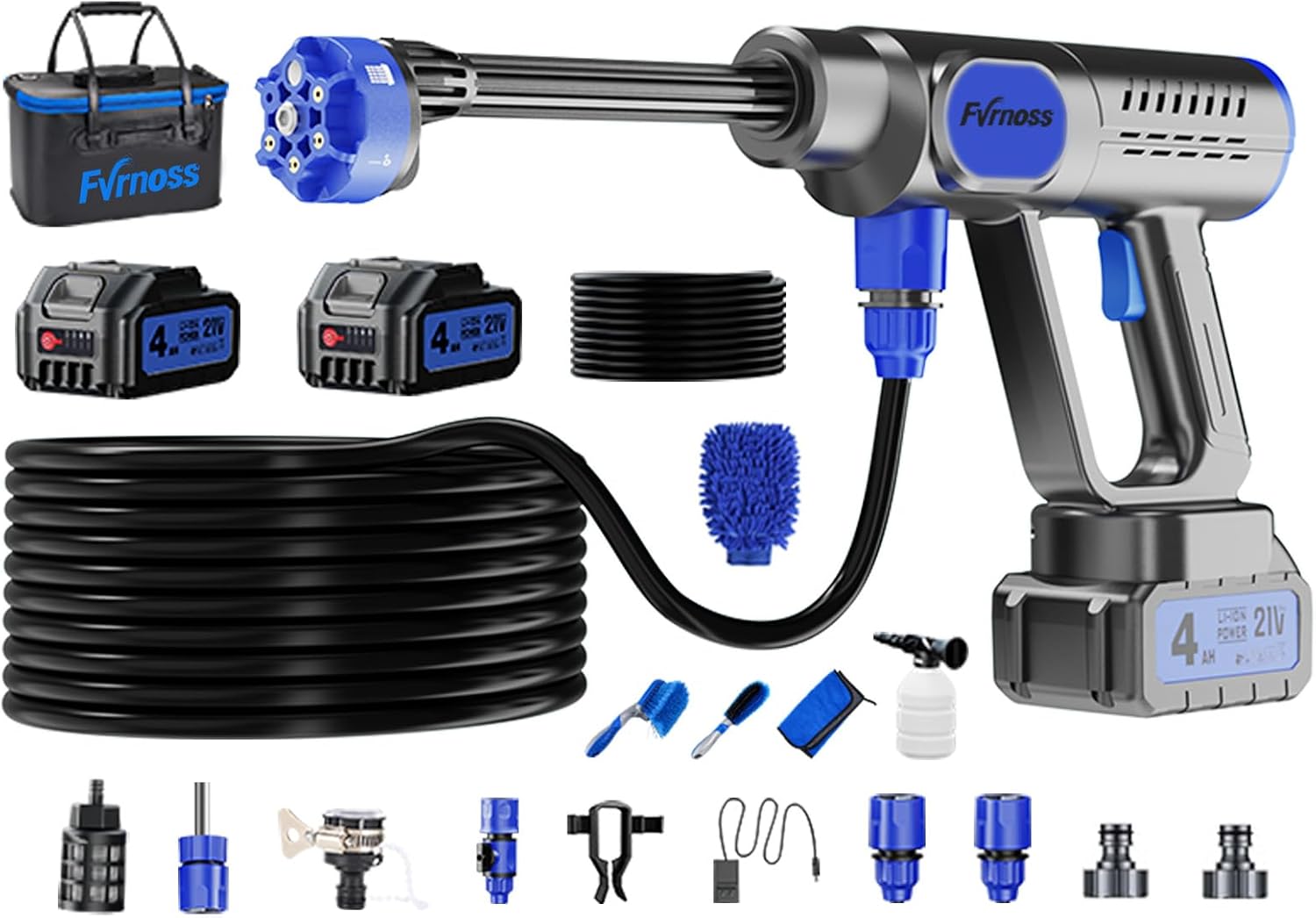 Portable Handheld Cleaning Tool, 6-in-1 Nozzle & Foam Cannon with 32ft Hose for Car & Window Cleaning, Patio, Garden and Home Use with 2-in-1 Water Tank & Storage