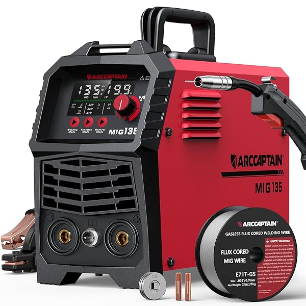 ARCCAPTAIN 135A MIG Welder, 2025 Newest [Large LED Display] 110V Welder Flux Core MIG, Lift TIG, Stick, 3 in 1 Welding Machine Gasless MIG Welder Machine 110V, IGBT Inverter Welder with Synergy, 2T/4T