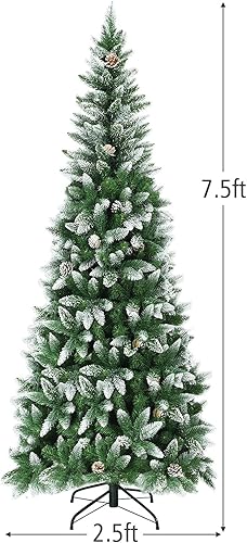 Miniatura 7 de DREAMADE Árbol de Navidad artificial de 7.5 pies, árbol de Navidad delgado flocado de nieve sin luz con 720 puntas de ramas de PVC, 39 conos de