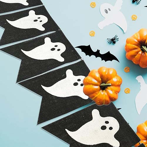 Miniatura 3 de Doumeny Pancarta de arpillera de fantasma de Halloween, guirnalda espeluznante, guirnalda espeluznante, pancarta negra para fiesta, bandera de truco