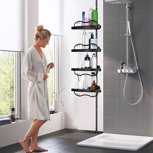Miniatura 8 de Barra de tensión de esquina negra para regadera, organizador de ducha de acero inoxidable resistente con 4 estantes ajustables, sin taladros, para