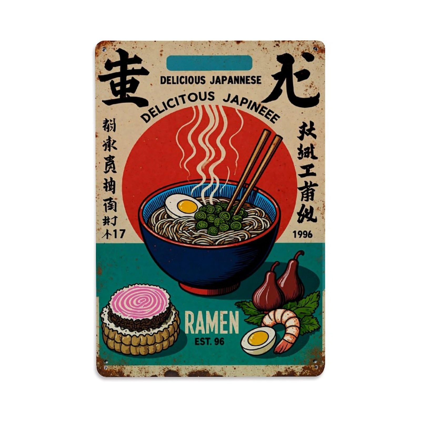 Ramen Bowl With Egg And Greens Vintage Tin Sign Retro Metal Wall Decor Metal Poster, Home Bar Garage Farmhouse Cafe Wall Art Decoration 8x12Inches
