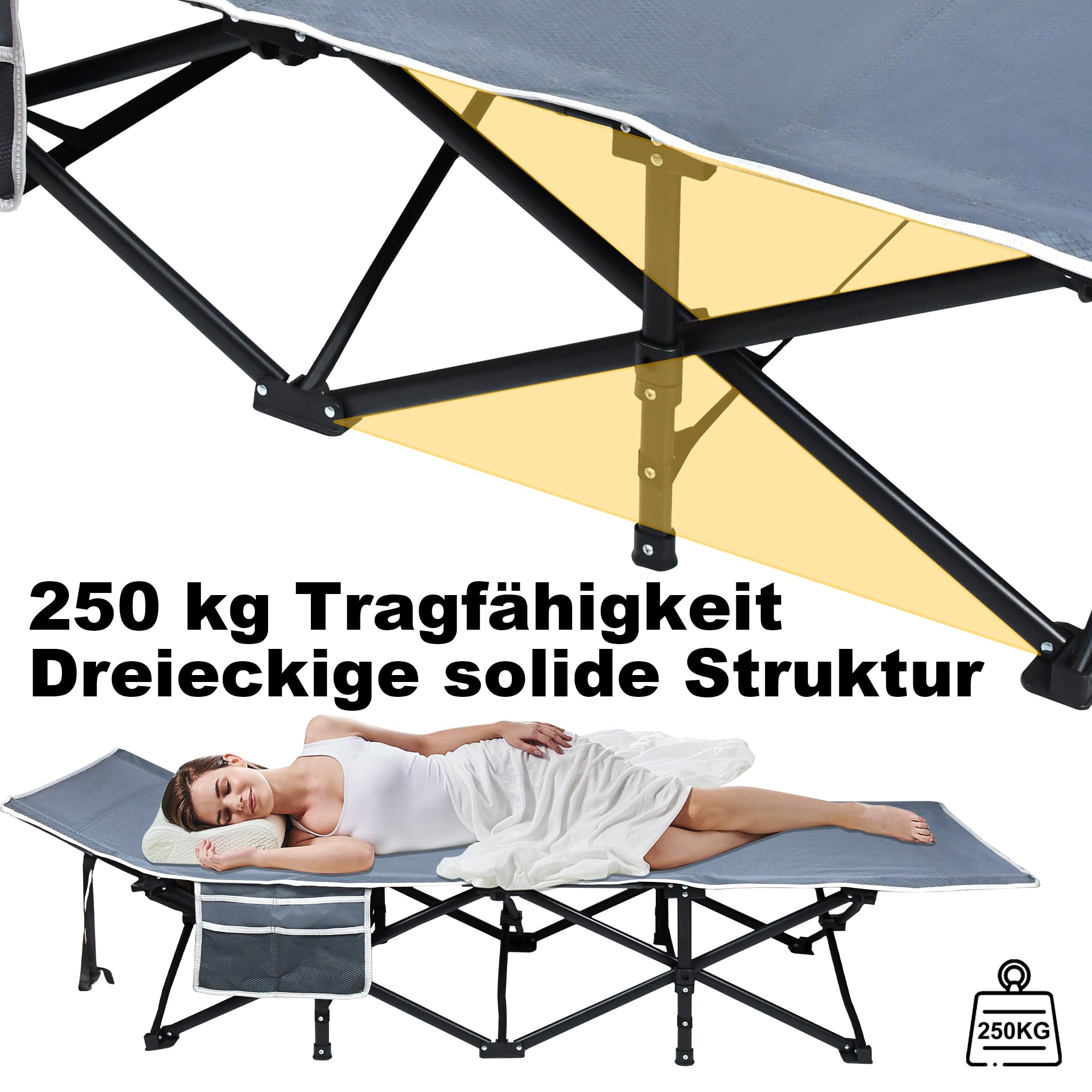 Cama plegable para camping, 190 x 62 x 38 cm, cama plegable de playa, ligera, soporta 250 kg, color negro
