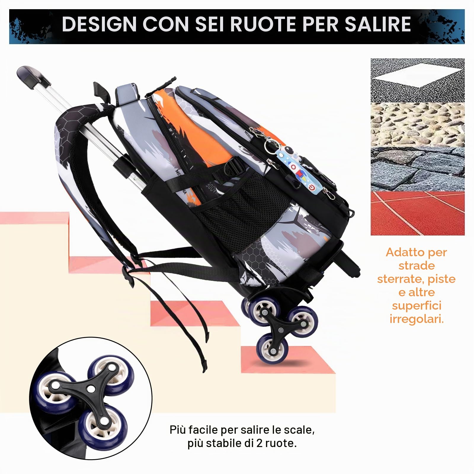 Amythe Zaino Scuola Trolley per Ragazzi Medie e Superiori 6 Ruote | 2 in 1 Zaino Casual con Ruote alla Moda per Bambini e Adolescenti, 16" Zaini con Rotelle per Ritorno a Scuola e Viaggi