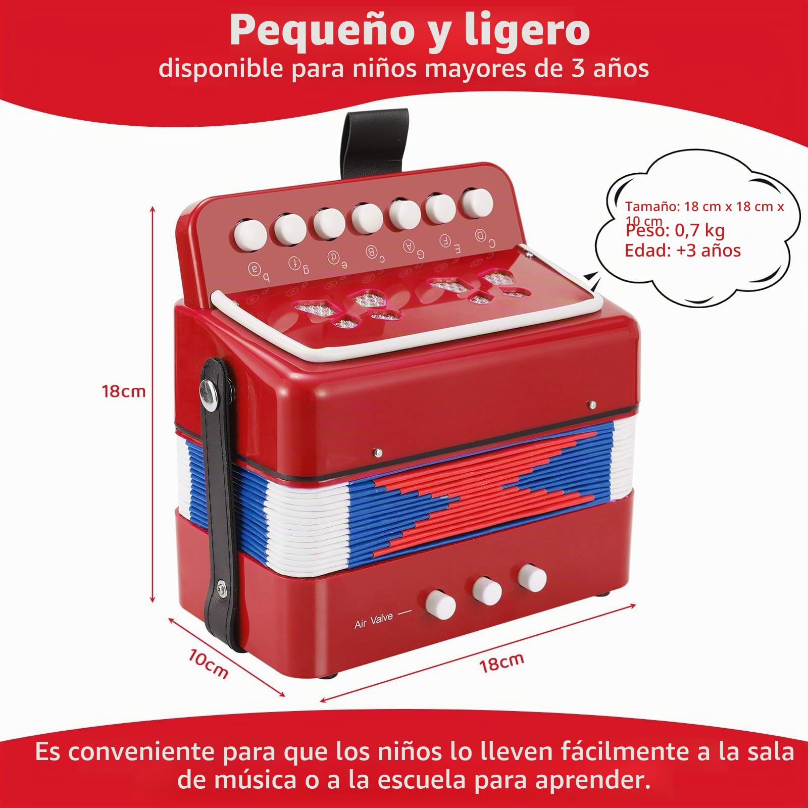 Acordeon Niño, Acordeón Infantil de 10 Teclas con Correas, Instrumento Musical de Acordeón Regalo para Principiantes, Instrumento Musical Acordeón para Niños de Más de 3 Años, Rojo