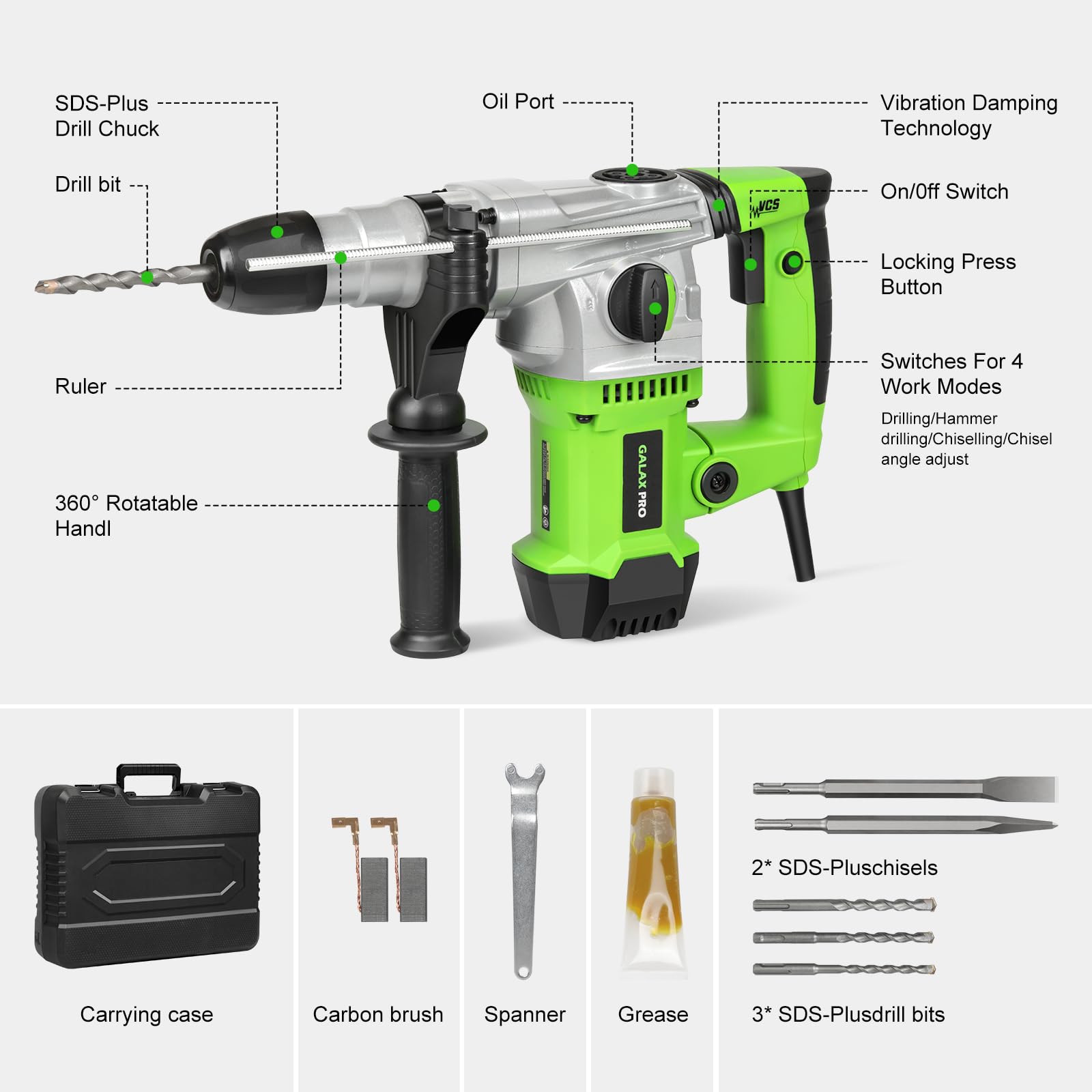 GALAX PRO 1500W Bohrhammer SDS-Plus 4-in-1 0-4000 U/min mit Koffer