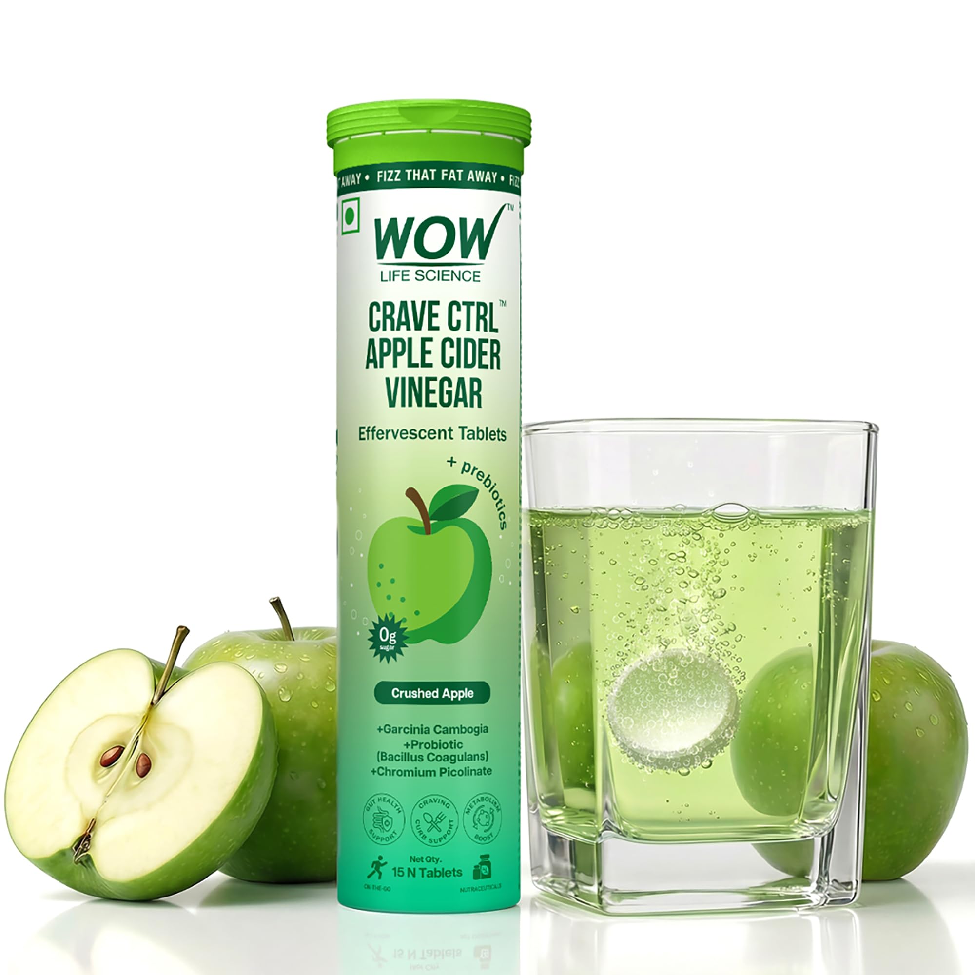WOW Life Science Crave Ctrl Apple Cider Vinegar Effervescent Tablets | 500mg ACV with Garcinia, Probiotic & Chromium | Zero Sugar, Great Tasting Drink for Cravings Control, Gut Health & Metabolism | 15 Tablets