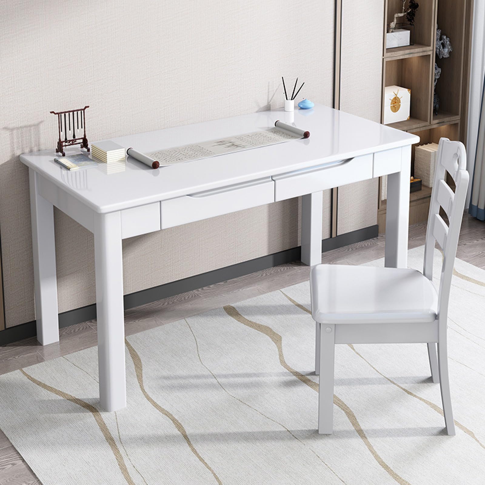 Solid Oak Wood Desk with 2 Drawers Modern Home Office Computer Writing Desk (47 Inch White)