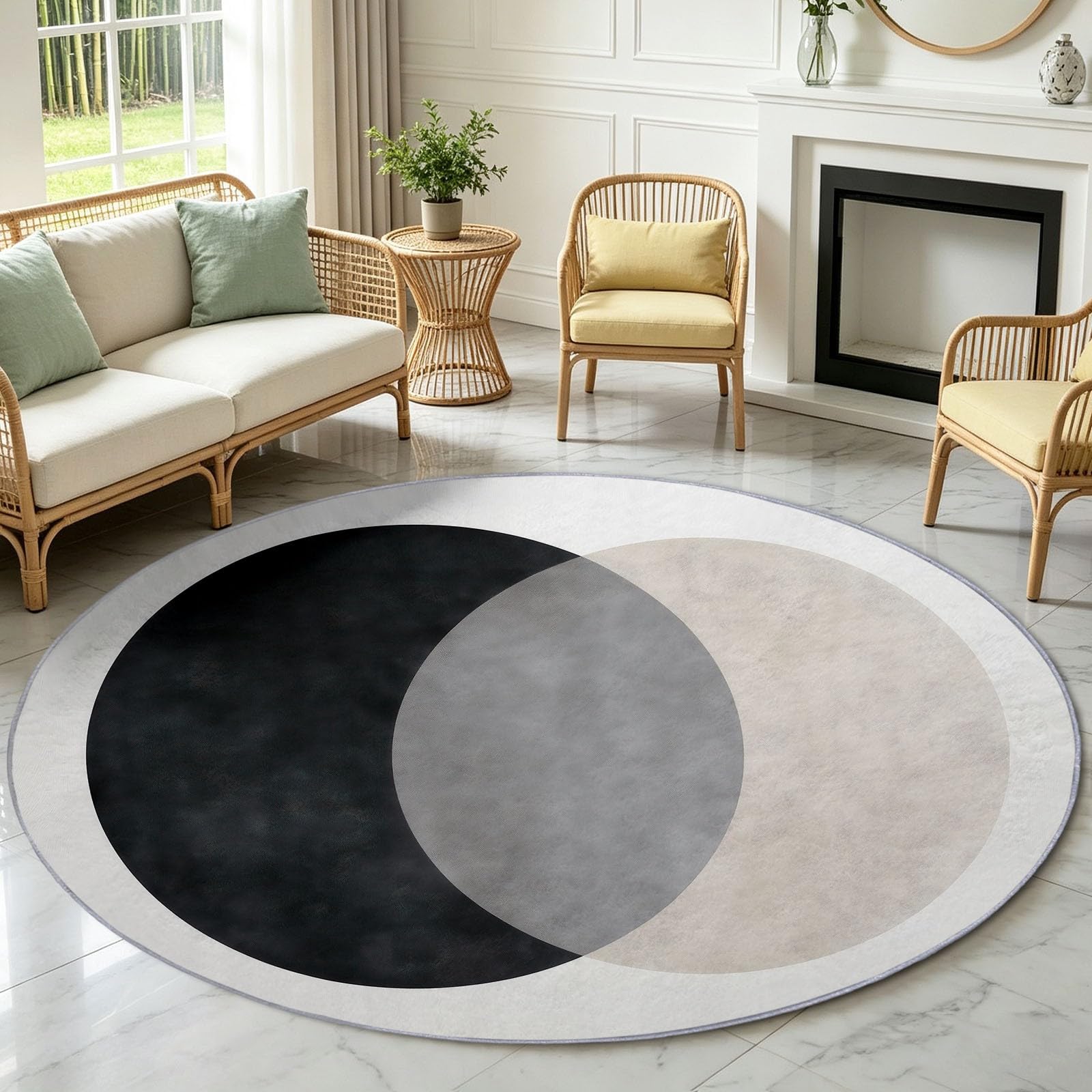 Générique Tapis Enfant Rond Chambre d'enfant Filles Garçons, Moderne Minimaliste Tapis Rond Lavable & Antidérapant pour Salon Chambre Cuisine Salle à Manger Chambre (200 cm, Cercles Noir Blanc)