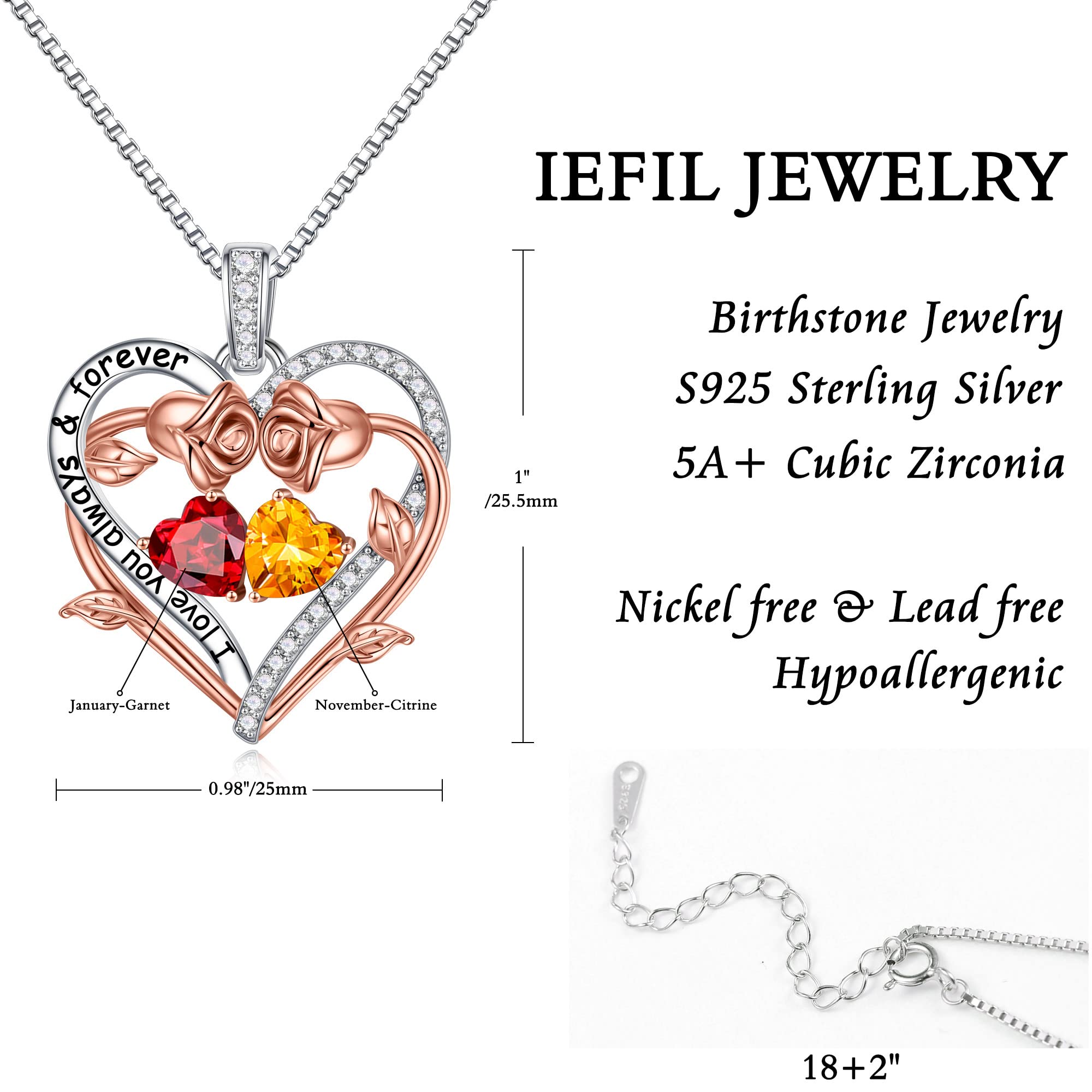 Iefil Mothers Day Gifts for Wife - Rose Heart Double Birthstone Necklace Gifts for Wife Girlfriend Her Women, Birthstone Jewelry Gemstone Birthday Gift for Mom Grandma Her Women