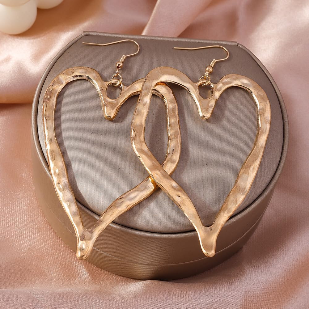 Hammered Heart Earrings for Women Statement Big Heart Dangle Drop Earring Exaggerated Gold Heart Dangle Earrings Personality Jewelry Trendy Gifts - Image 4