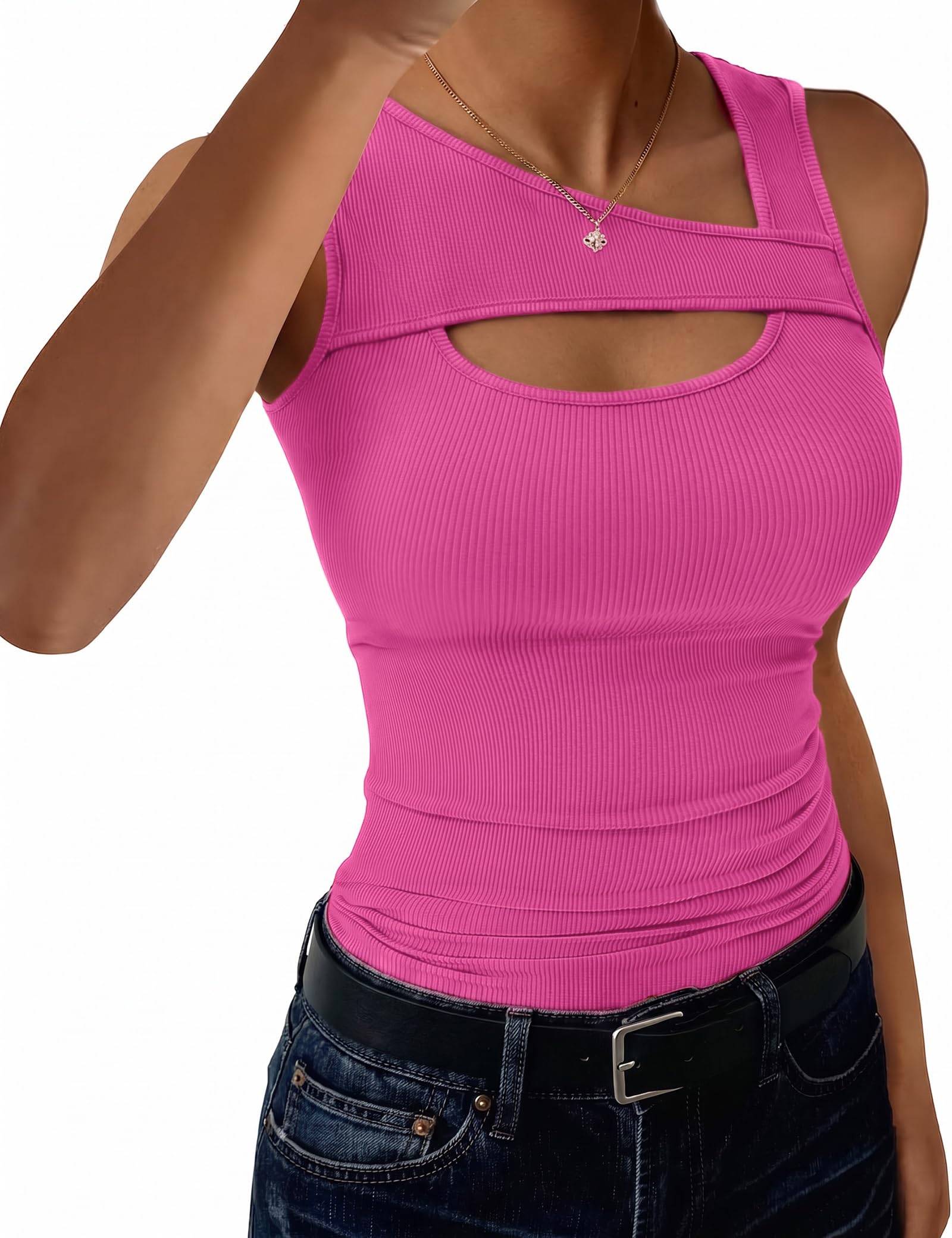 Aottori Tank Top Damen Asymmetrischer Ausschnitt Tops Gerippt Sommer Tanktop Slim Fit Sexy Oberteile Cut-Out Stretch Basic Shirt Ärmellos Casual Einfarbig