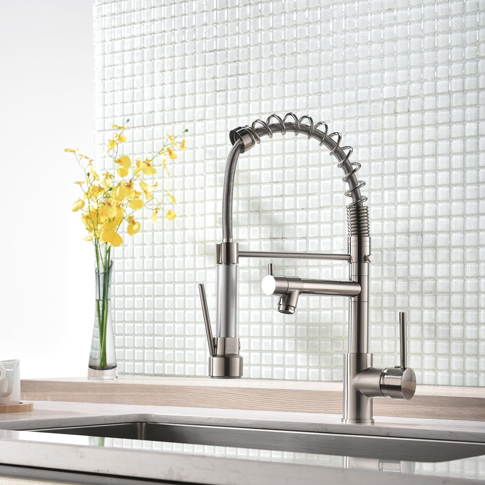 COSZWQDP Pull Down Sprayer Kitchen Faucet with Single Handle High Arch Spout and Dual-Function Spray Brushed Nickel Finish