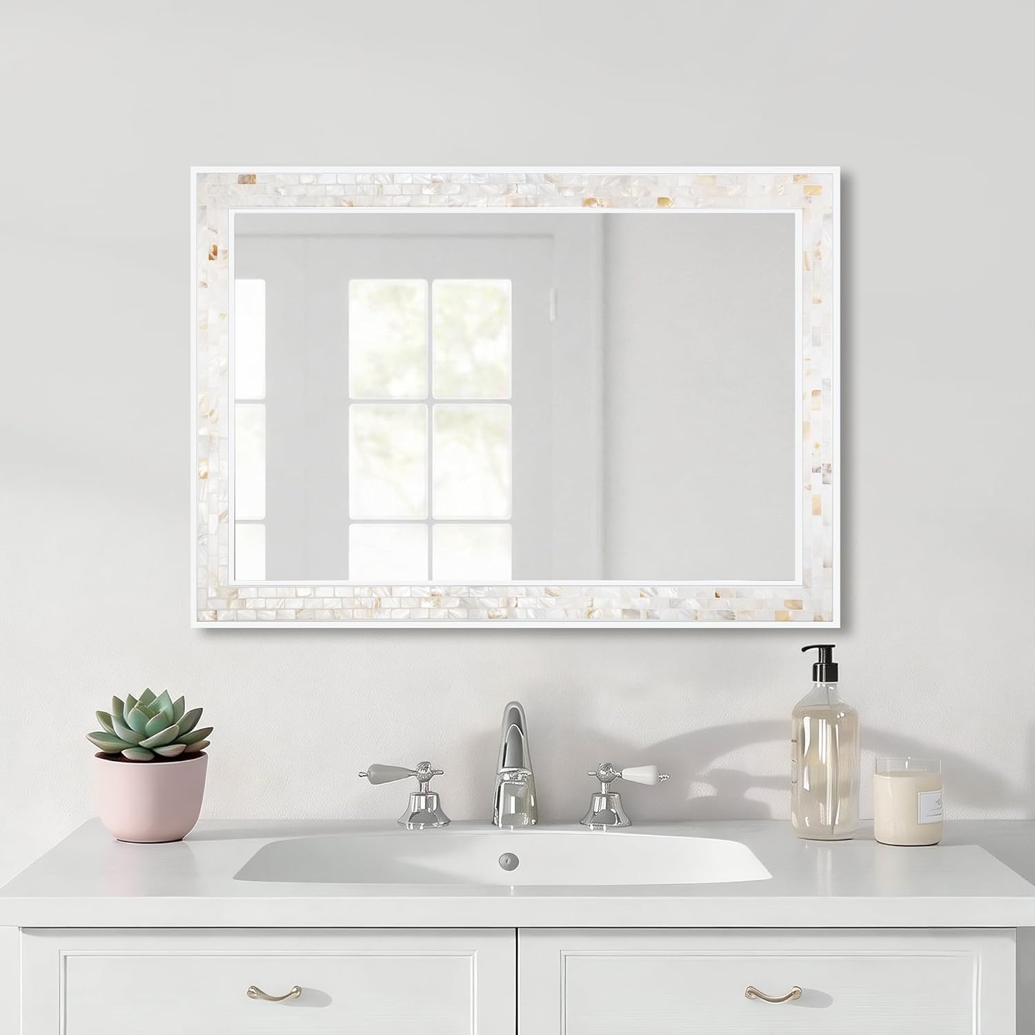 Mosaic Mirrors for Wall 20x28 Inch, Natural Mother of Pearl Inlay White Framed Rectangle Mirror for Bathroom, Bedroom or Entryway