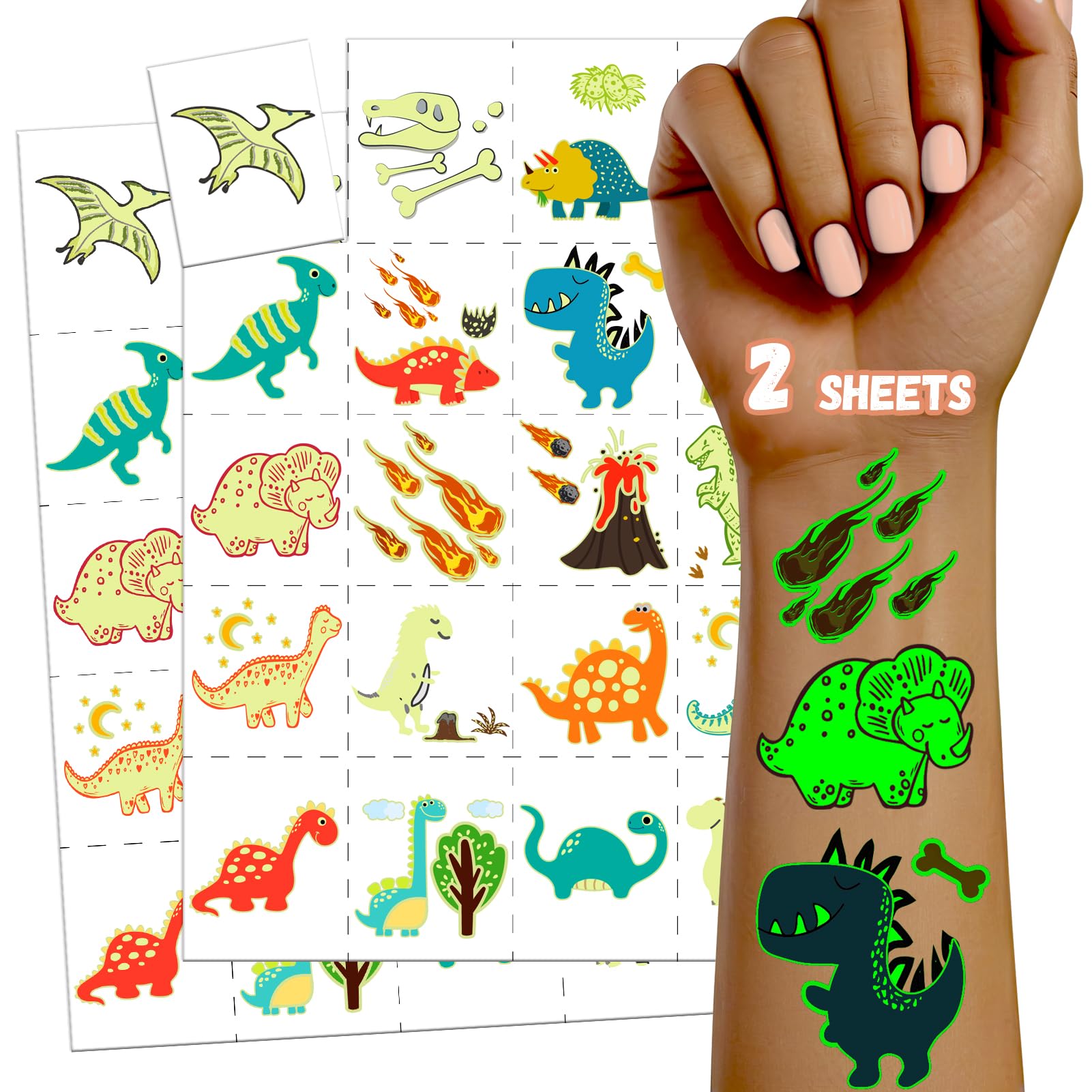 Tatuaggi Temporanei Fluorescenti Per Bambini – 2 Fogli A Tema Dinosauro – Impermeabili E Durano 3-7 Giorni