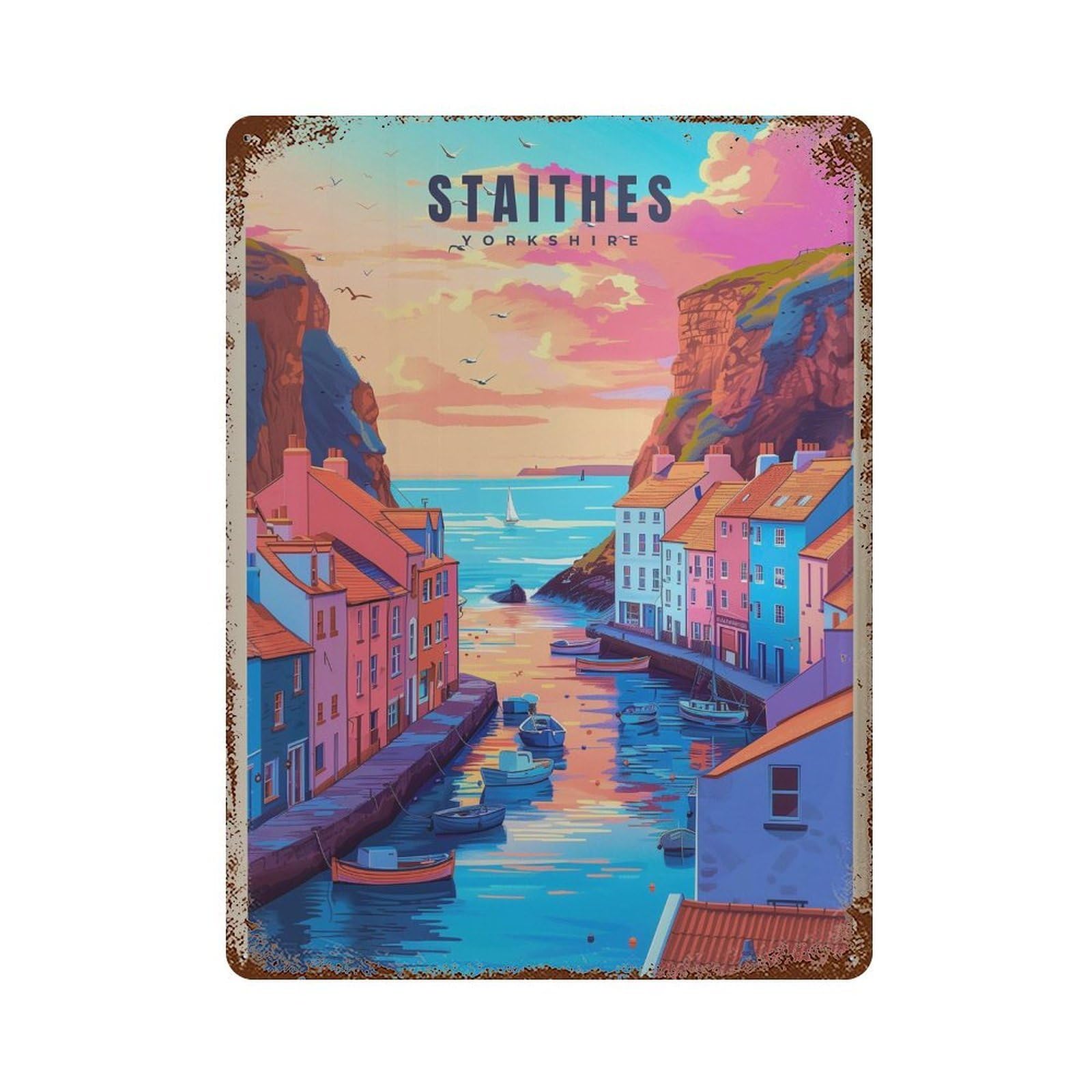 xiaoxiaoshen Staithes Travel Yorkshire Coast Wall Decor Art Metal Tin Poster Modern Home Decor Art Home Bar Shop Decorations Vintage Sign 40x30cm