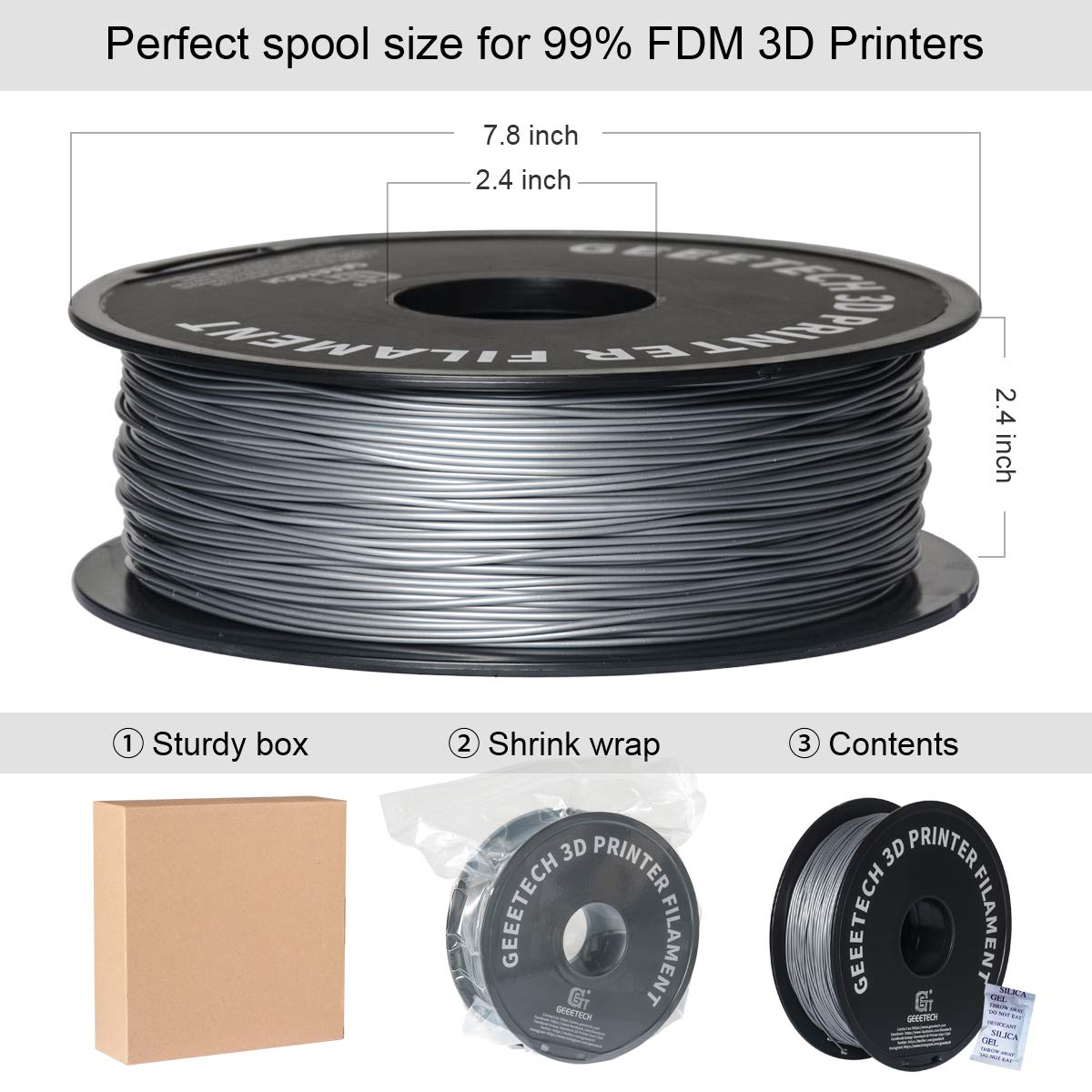 GEEETECH Filamento PLA 1.75 mm 1kg Spool per Stampante 3D, PLA Argento