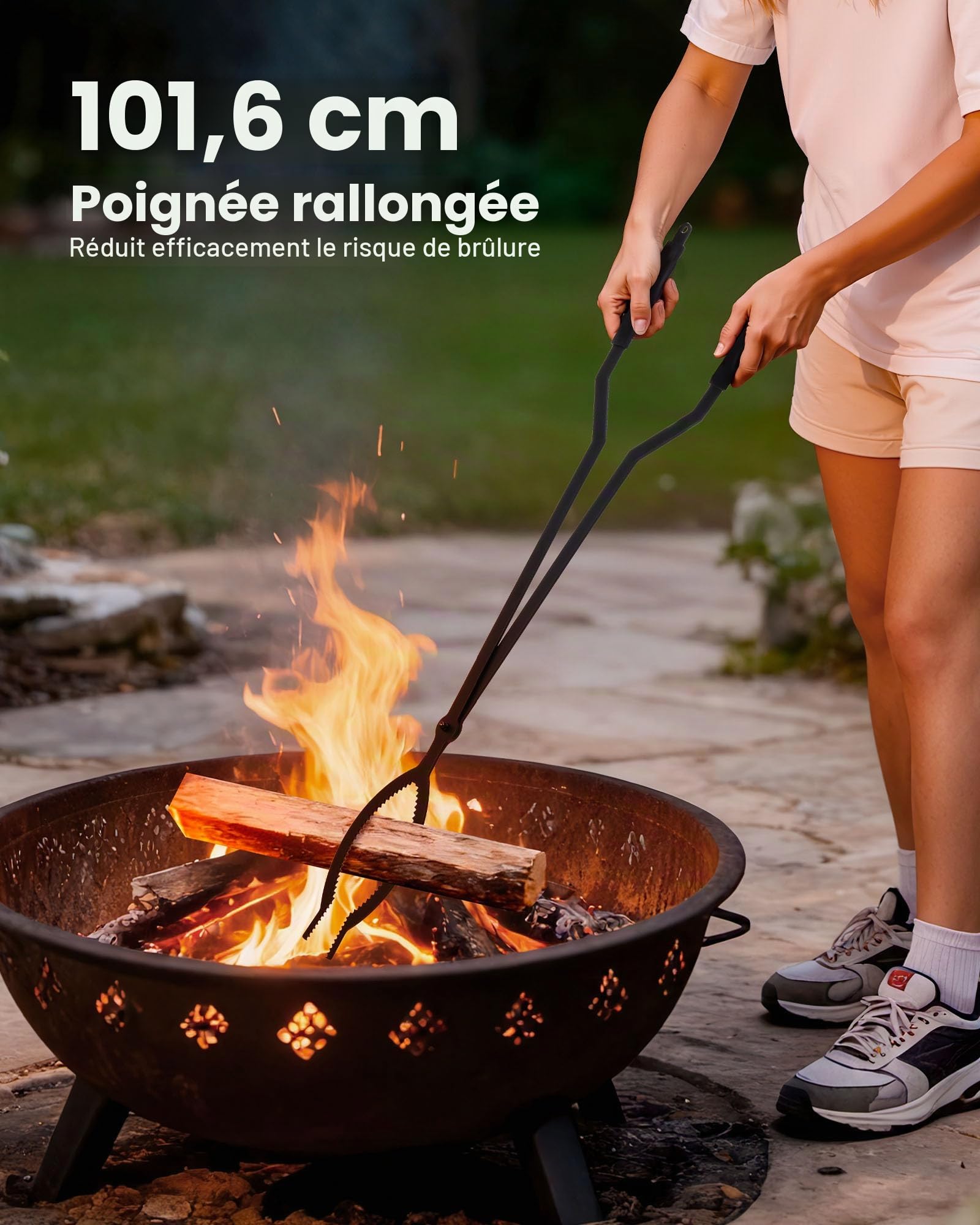 VEVOR Ensemble d'outils de cheminée, 3 pièces, ensemble serviteur de cheminée avec support, pince, tisonnier, en fer forgé, pour feu de camp, feu de joie dans le jardin, intérieur/extérieur, noir