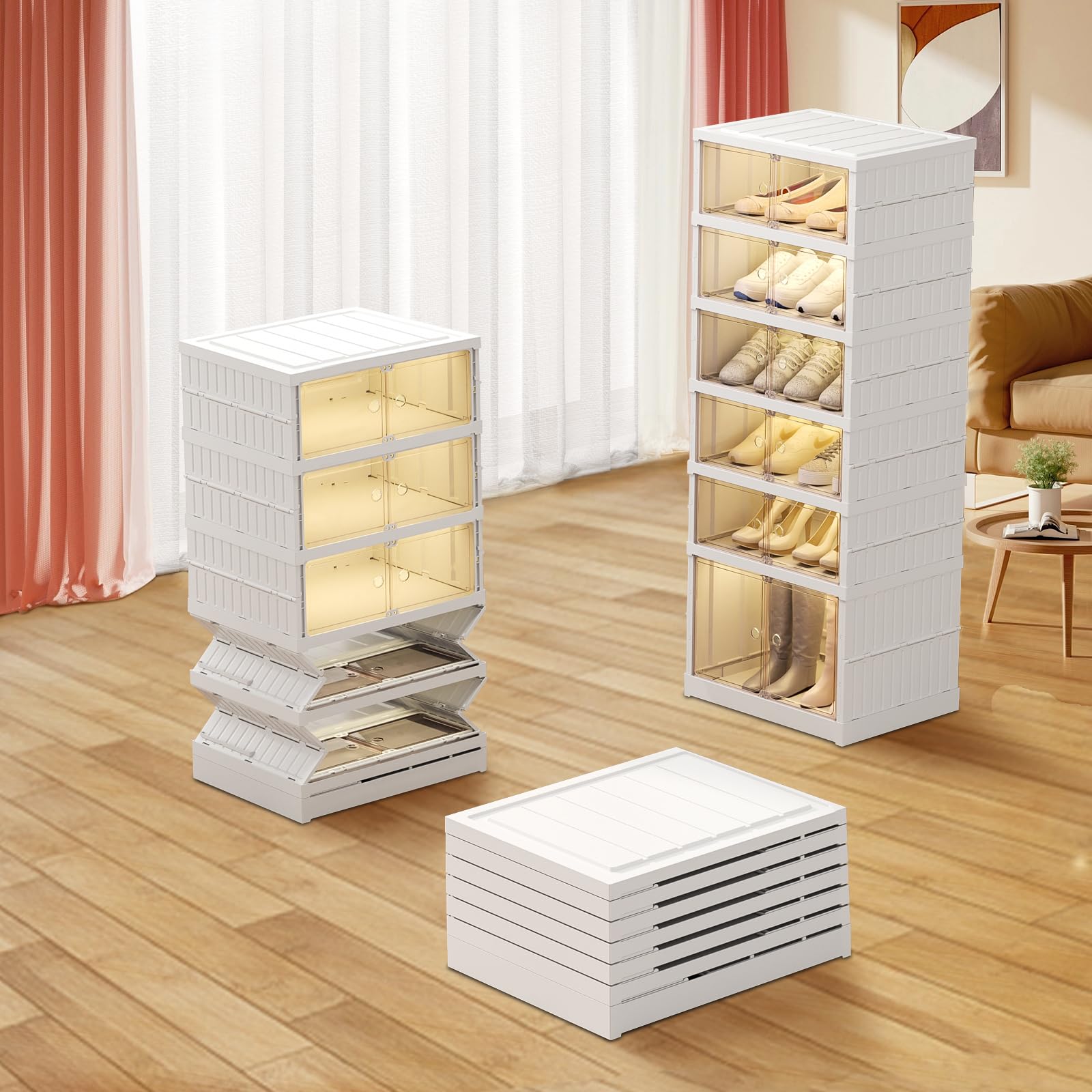 Foldable Shoe Rack Organizer for Closet, 12Pairs Shoe Storage Box Plastic Stackable Shoe Box with Clear Door, Quick Assembly Folding Shoes Cabinet Bins with Lids Large