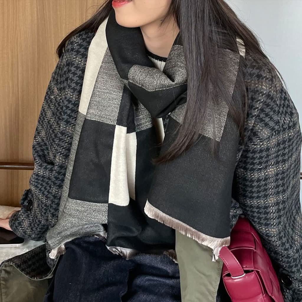 Szalik Zimowy Imitacja CashMere Scarf Retro Szaliki w kratę Kobiety Jesień i Zima Zagrubienie Ciepłe Fashion Wrap CHALL Dual-używać szaliki Szalik Szal(Black)