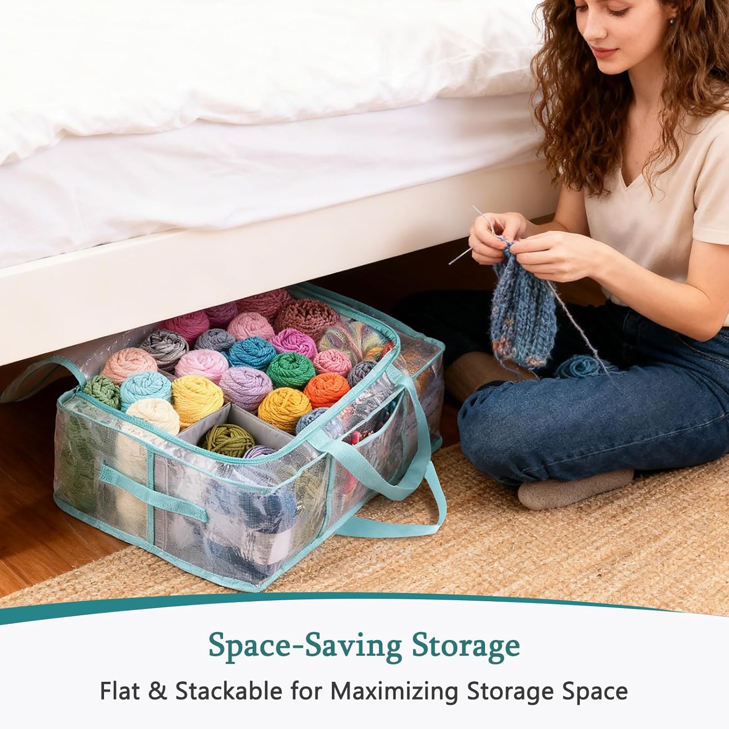MYBAGZING Clear Yarn Storage Bags, 21" Large Flat Under Bed Yarn Organizer with Zipper & Handles, Stackable Knitting and Crochet Storage for Closet Shelves, Craft Room, Yarn Skeins, Hooks & Needles