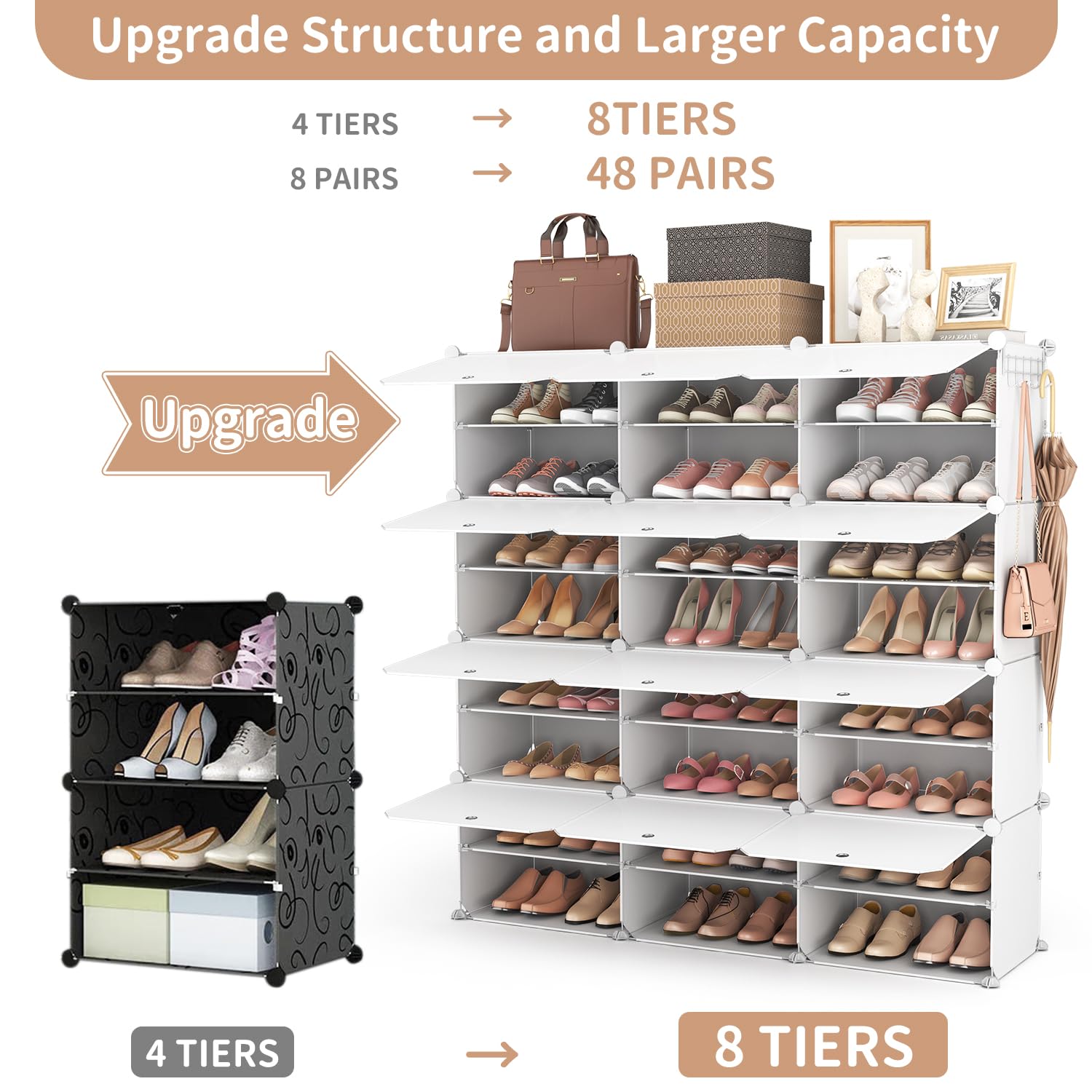 Vicye Scarpiera organizer a 8 ripiani, 48 paia di scarpiere, organizer portatile, scarpiera salvaspazio, per armadio, ingresso, camera da letto, corridoio (bianco, 3 x 8)