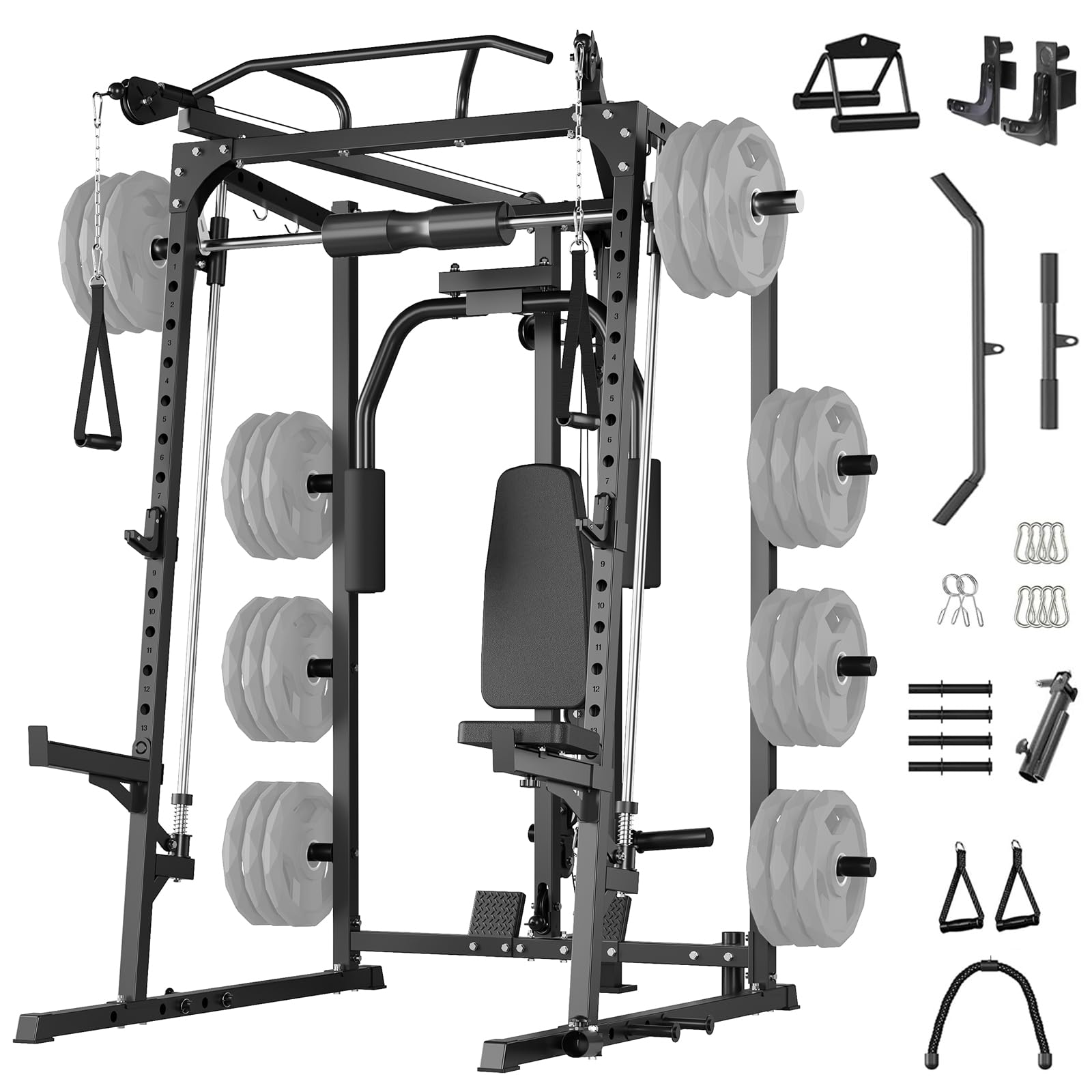 Smith Machine Home Gym, 2000 Lbs Multi-Function Power Cage Squat Rack with Smith Bar, Cable Machine, 2 LAT Pull-Down Systems, All in One Home Gym System with 8 Weight Storage Pins and More