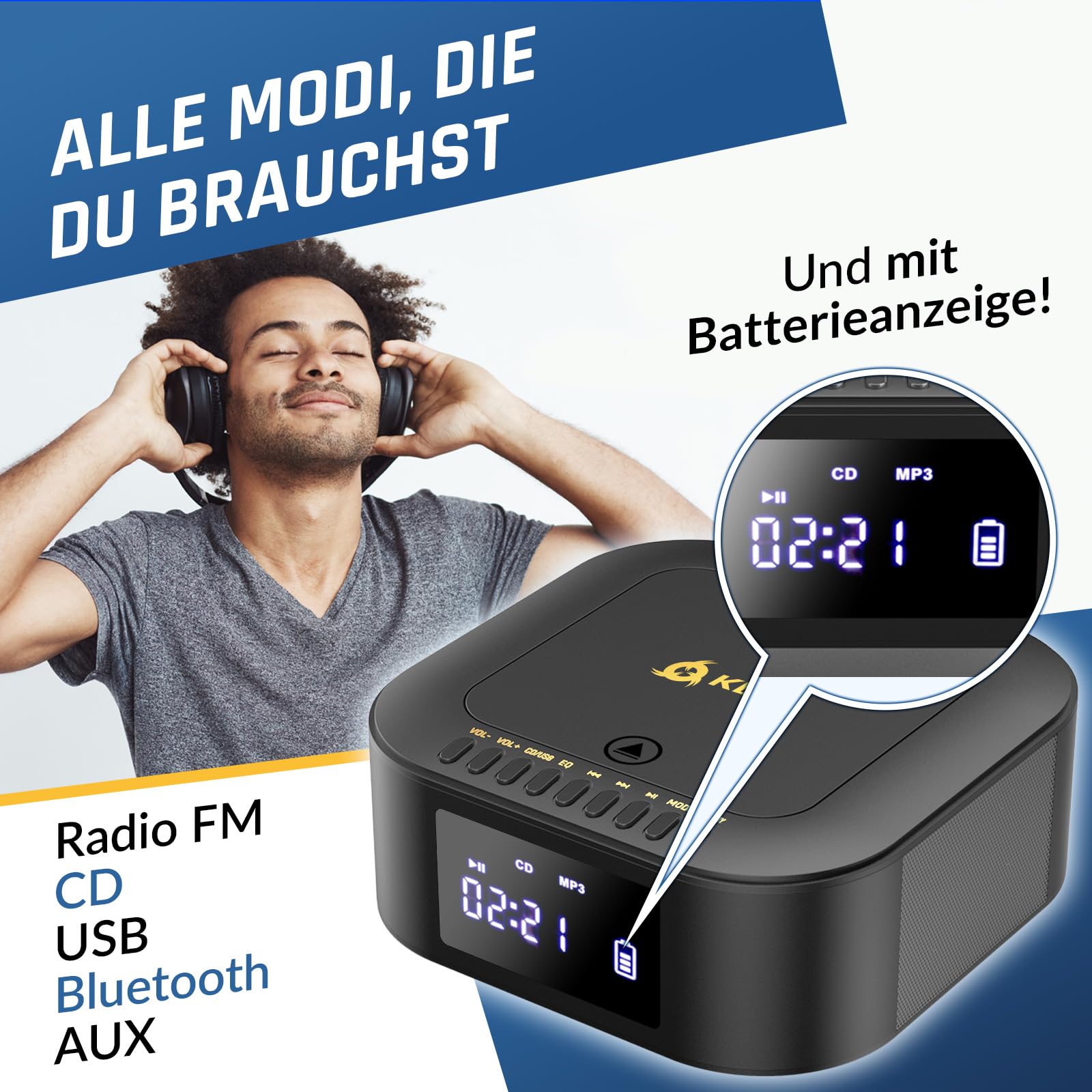 KLIM Boombox E1 Radio mit CD Player - BASS Boost mit Tieftöner - FM Radio, MP3, Bluetooth, AUX, USB - CD Player tragbar mit kabellosem Modus und aufladbaren Akku - Mit Fernbedienung - Schwarz/Gold