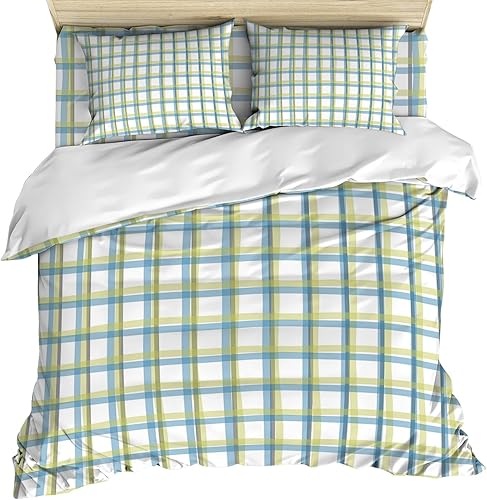 Juego de funda de edredón a cuadros azul y verde tamaño matrimonial, juego de funda de edredón de 4 piezas, funda de edredón a cuadros dibujada a