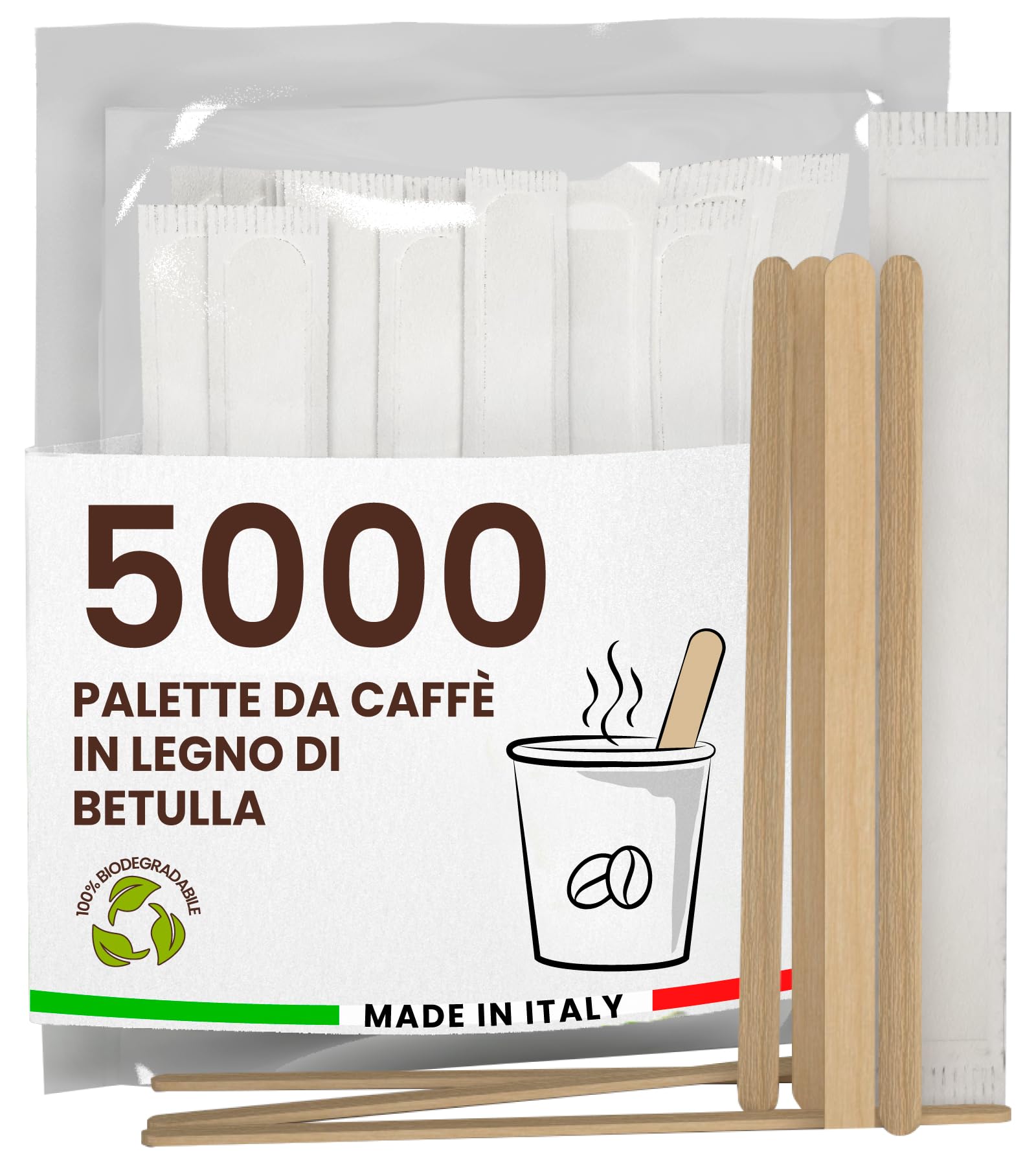 5000 Palette Caffè Monouso in Legno di Betulla, Imbustate Singolarmente, Biodegradabili e Compostabili, Resistenti al Calore per Mescolare Caffè e Bevande - Made in Italy