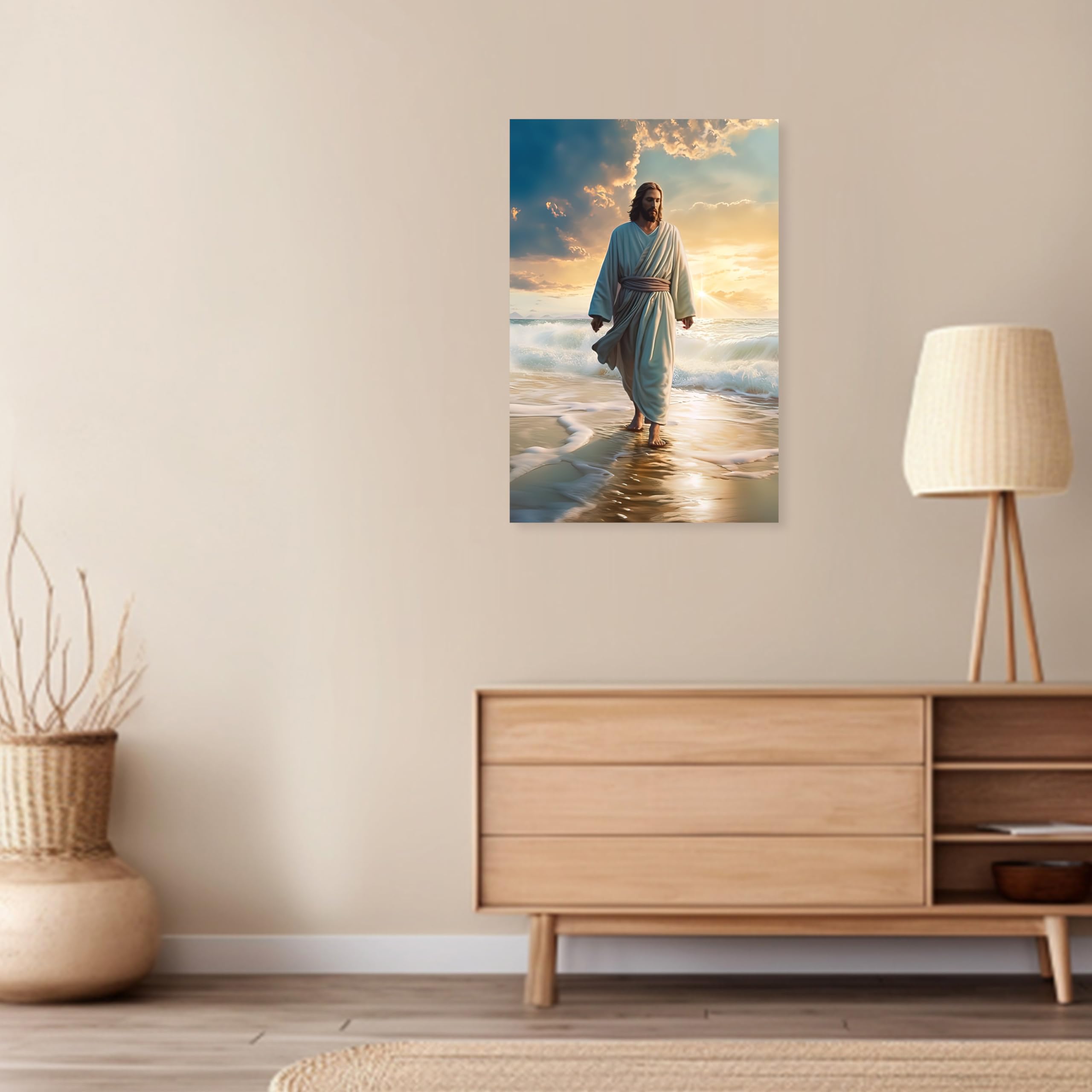 Impression Sur Toile Jésus Marchant Sur La Plage - Œuvre D'Art Catholique Encadrée 40,6 X 61 Cm