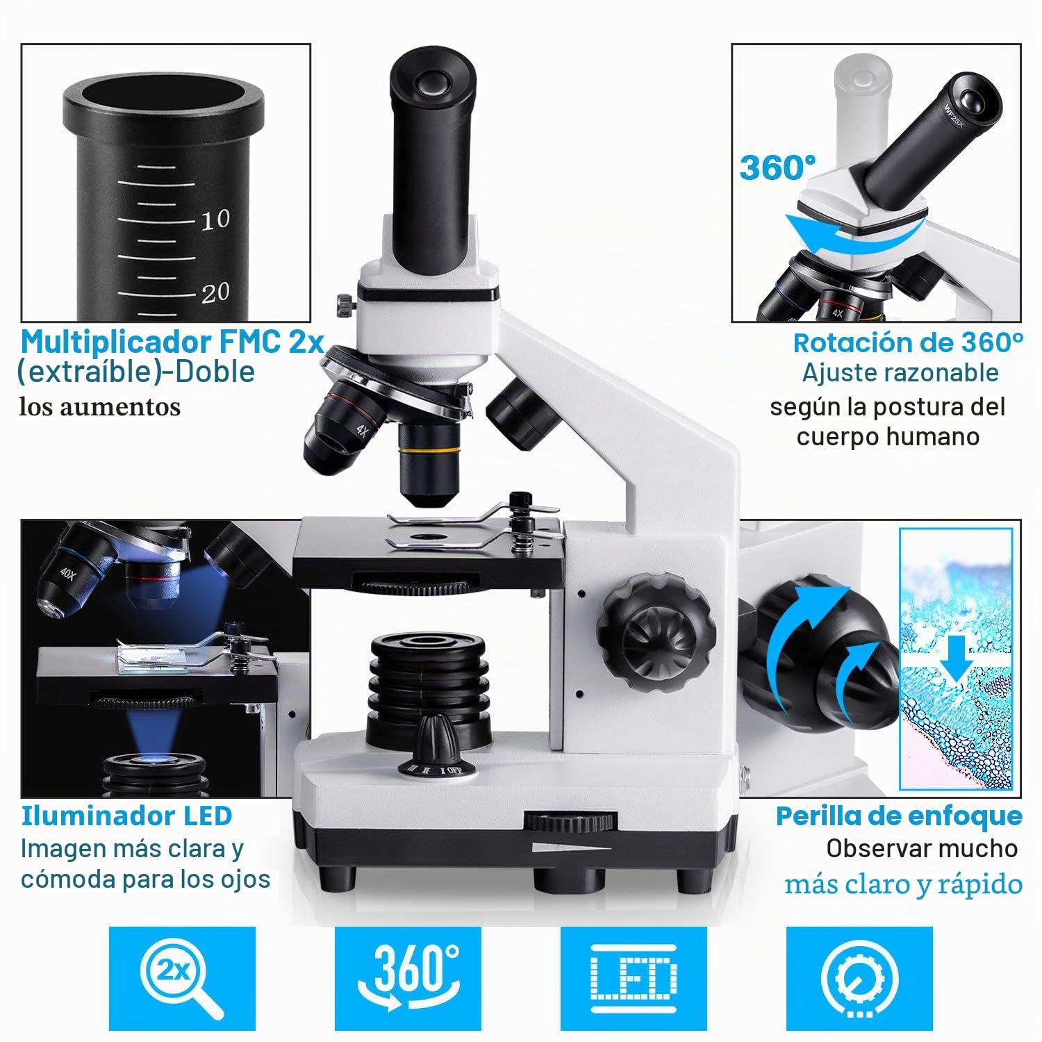 Microscopio Monocular para Estudiantes Niños, Aumento de 100-2000x, Potente Microscopios Biológico Educativo con Adaptador teléfono, Muestras Biológicas, operación Equipo