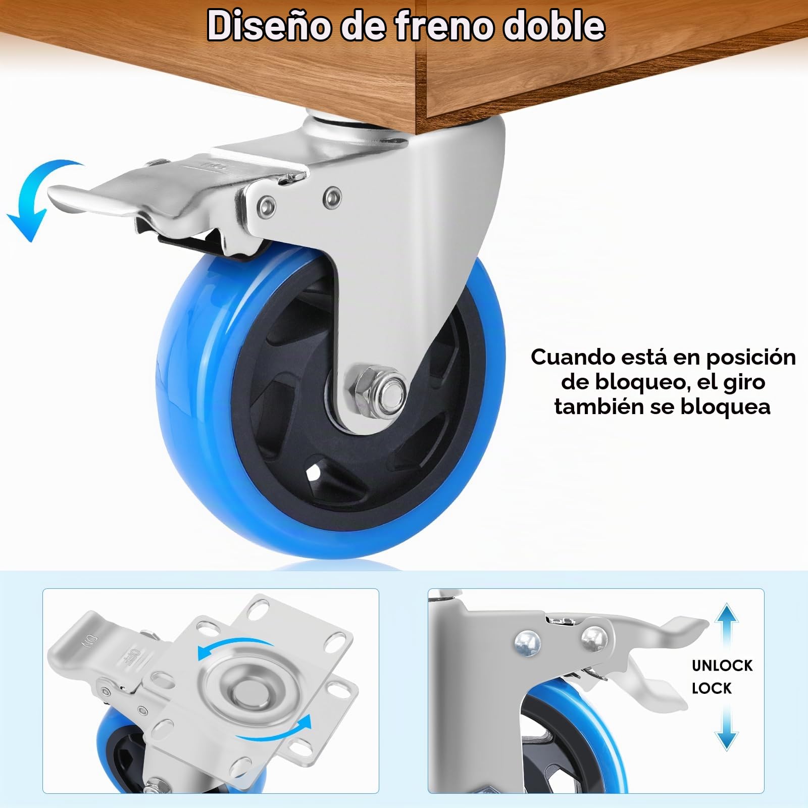 Set de 4 Ruedas Giratorias con Freno – Ruedas para Cargas Pesadas, Capacidad 640 kg, Silenciosas y Sin Rayar, Ideales para Muebles, Mesas de Trabajo y Talleres (Azul, 100 mm) | Deslizamiento silencioso, revestimiento antiarañazos seguro en parquet y azule