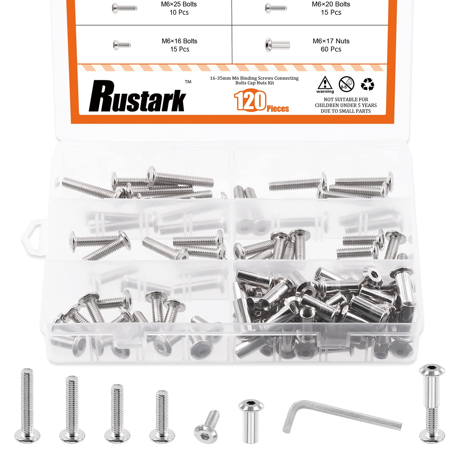 Rustark 121Pcs M6 x 16mm/20mm/25mm/30mm/35mm Furniture Joint Connector Bolt & Cap Nut Assortment Kit Flat Hex Socket Cap Allen Bolts Screw Posts for Furniture Chair Crib Belt Leather Binding