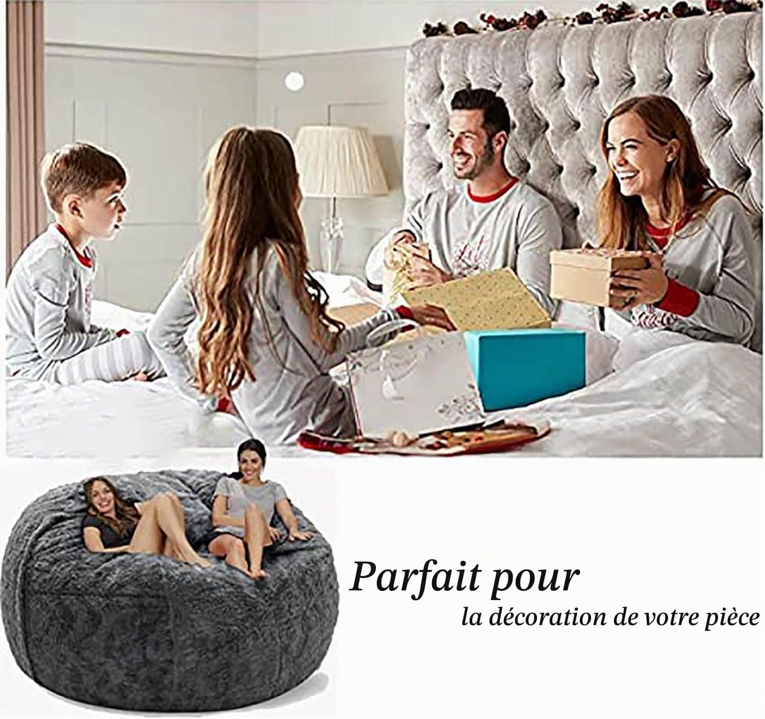 Pouf géant en Fourrure pour Meubles de Salon Adulte Grand Rond Doux et Moelleux en Fausse Fourrure (sans Rembourrage) Housse de canapé-lit Paresseux (Couleur: Noir, Taille: 5.5ft)
