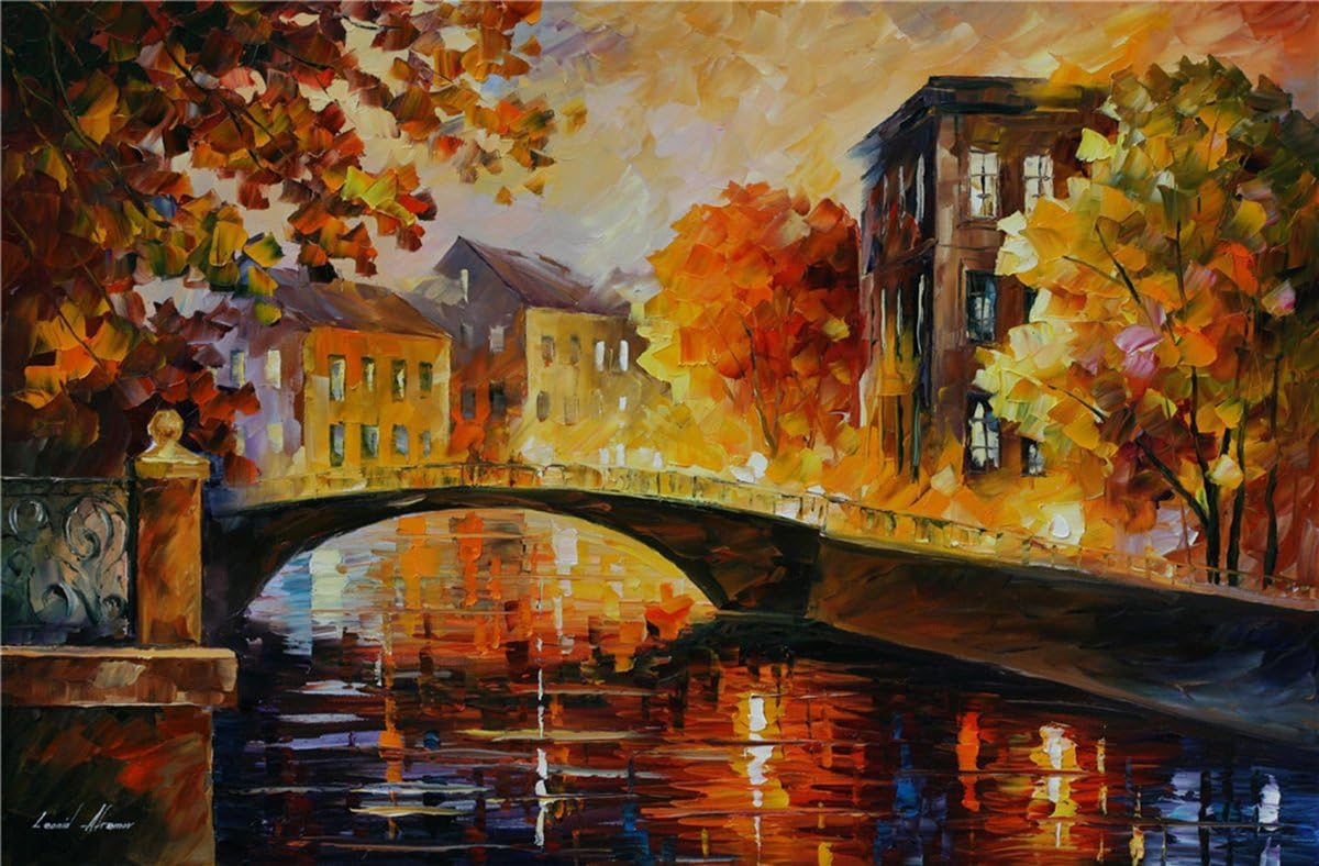 100% Hand Painted Oil Paintings Modern Abstract Paintings Wall Art Paintings Night View of Bridge Side Home Decor (36X54 Inch, Decor 8)