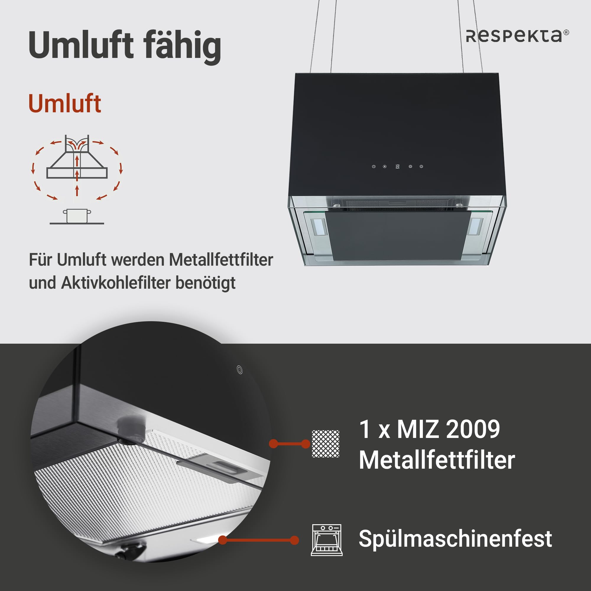 Respekta Centa Design-Inselhaube 50 cm Fernbedienung Schwarz Energieeffizienzklasse A+ 67 dB Luftstrom 531,8 m³/h