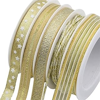 5 Rolls 27 Yards Gold Ribbon, Ribbon for Gift Wrapping, Crafts Fabric for Gift Ribbon, Glitter Ribbon for Wrapping Decoration Wedding Birthday Holiday Gift Wrapping Party