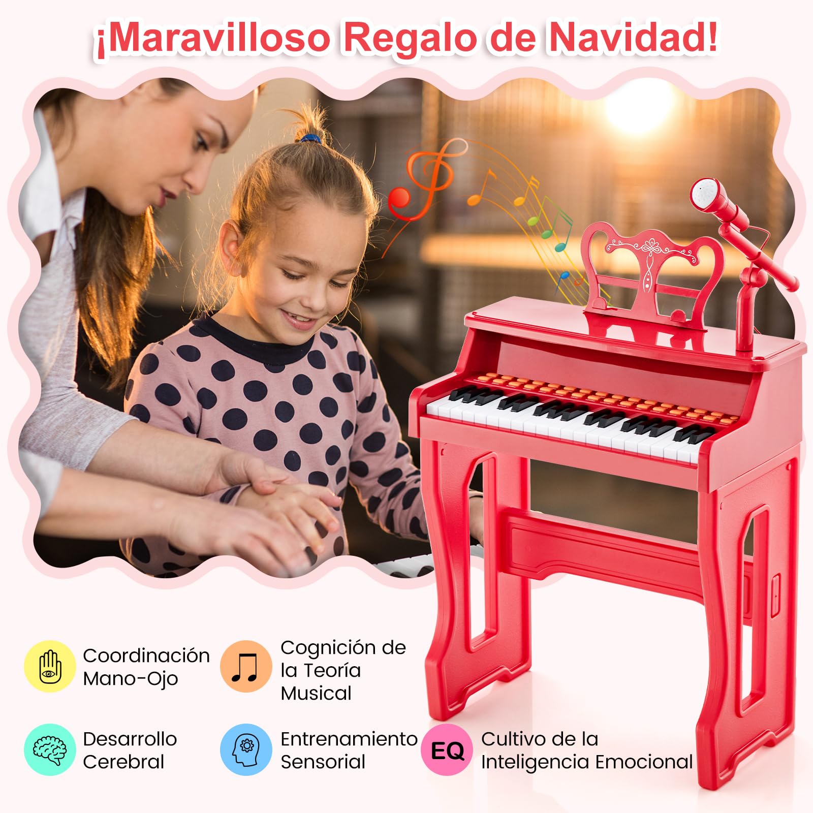 RELAX4LIFE Piano Infantil 37 Teclas con Micrófono Ajustable, Atril Extraíble, Taburete, Funciones de Grabación y Reproducción, 22 Canciones, 8 Ritmos, 8 Instrumentos y MP3 para Niños 3+ Años (Rojo)